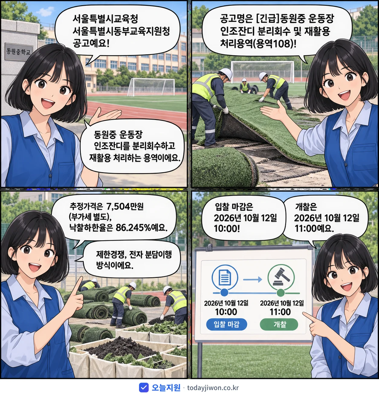 4컷 만화로 보는 공고: 서울특별시교육청 서울특별시동부교육지원청 '동원중 운동장 인조잔디 분리회수 및 재활용 처리용역(용역108)', 추정가격 7,504만원, 입찰 마감 10/12 10:00