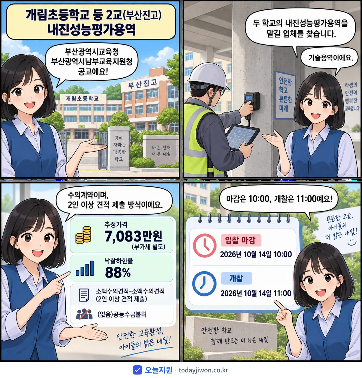 4컷 만화로 보는 공고: 부산광역시교육청 부산광역시남부교육지원청 '개림초등학교 등 2교(부산진고) 내진성능평가용역', 추정가격 7,083만원, 입찰 마감 10/14 10:00