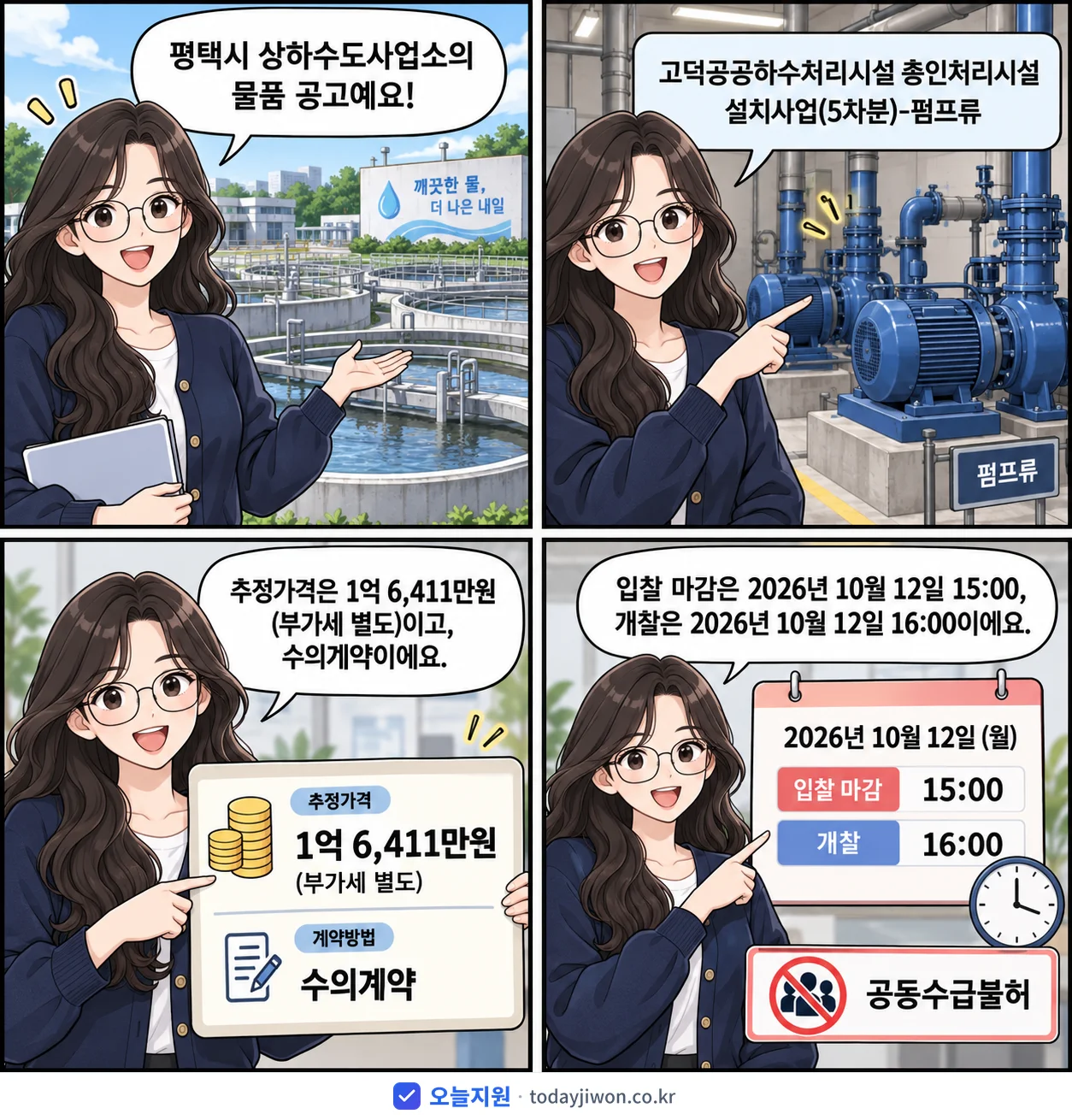 4컷 만화로 보는 공고: 경기도 평택시 상하수도사업소 '고덕공공하수처리시설 총인처리시설 설치사업(5차분)-펌프류', 추정가격 1억 6,411만원, 입찰 마감 10/12 15:00