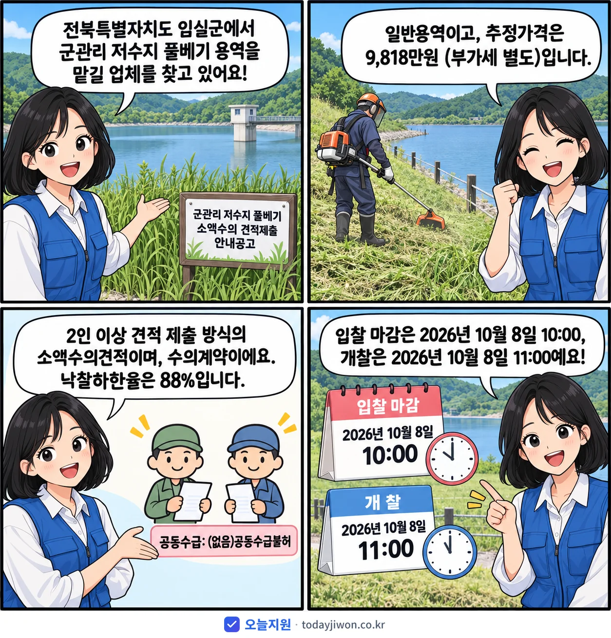 4컷 만화로 보는 공고: 전북특별자치도 임실군 '군관리 저수지 풀베기 소액수의 견적제출 안내공고', 추정가격 9,818만원, 입찰 마감 10/8 10:00