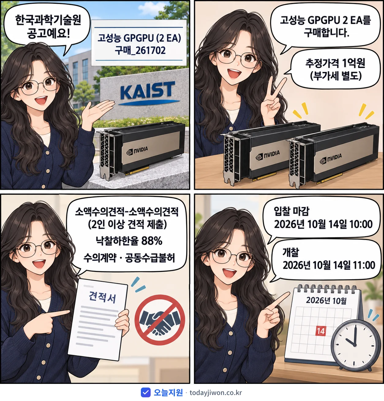 4컷 만화로 보는 공고: 한국과학기술원 '고성능 GPGPU (2 EA) 구매_261702', 추정가격 1억원, 입찰 마감 10/14 10:00