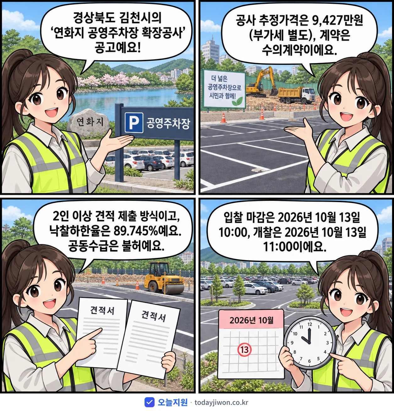 4컷 만화로 보는 공고: 경상북도 김천시 '연화지 공영주차장 확장공사', 추정가격 9,427만원, 입찰 마감 10/13 10:00