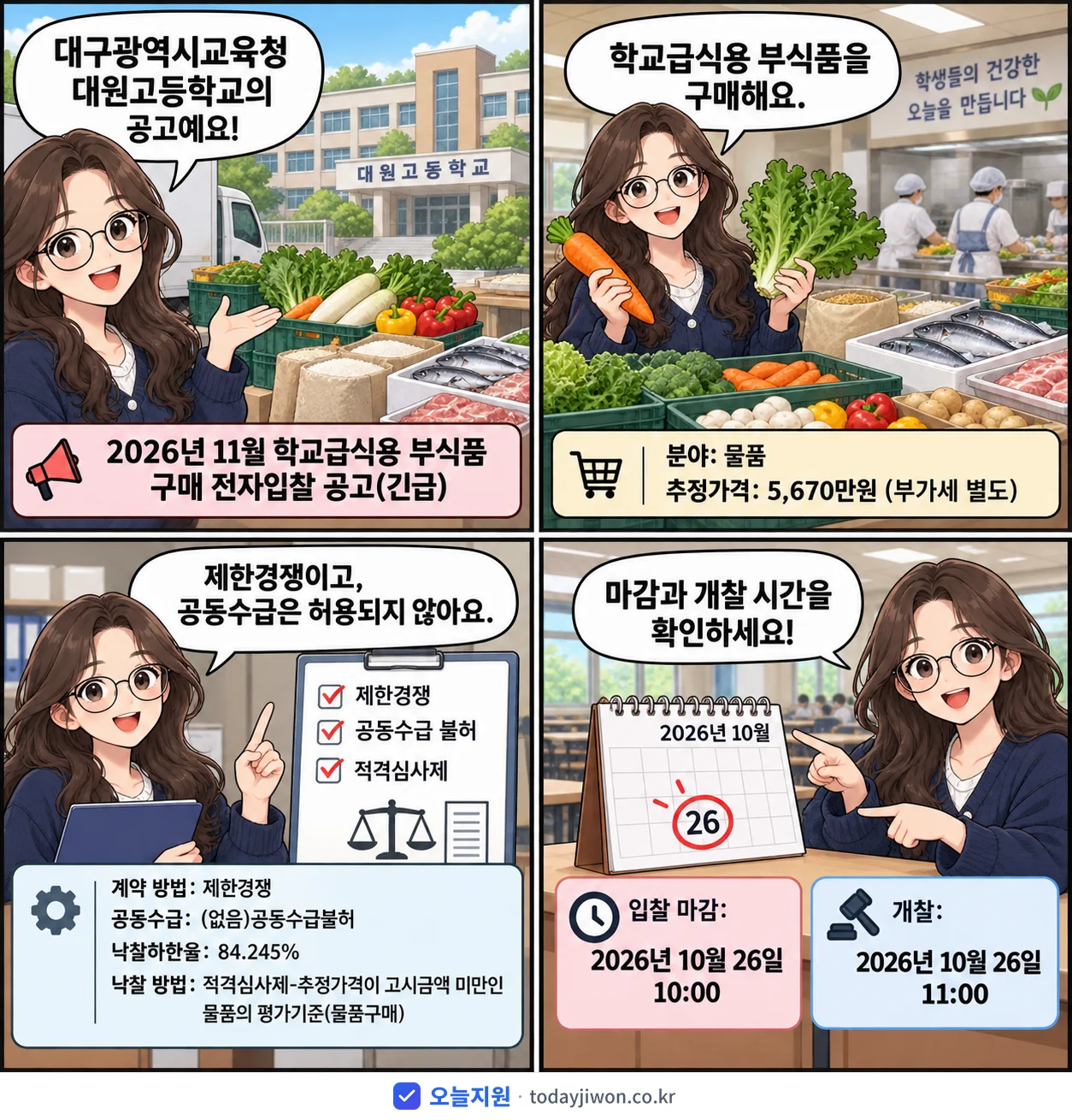4컷 만화로 보는 공고: 대구광역시교육청 대원고등학교 '11월 학교급식용 부식품 구매 전자입찰 공고', 추정가격 5,670만원, 입찰 마감 10/26 10:00