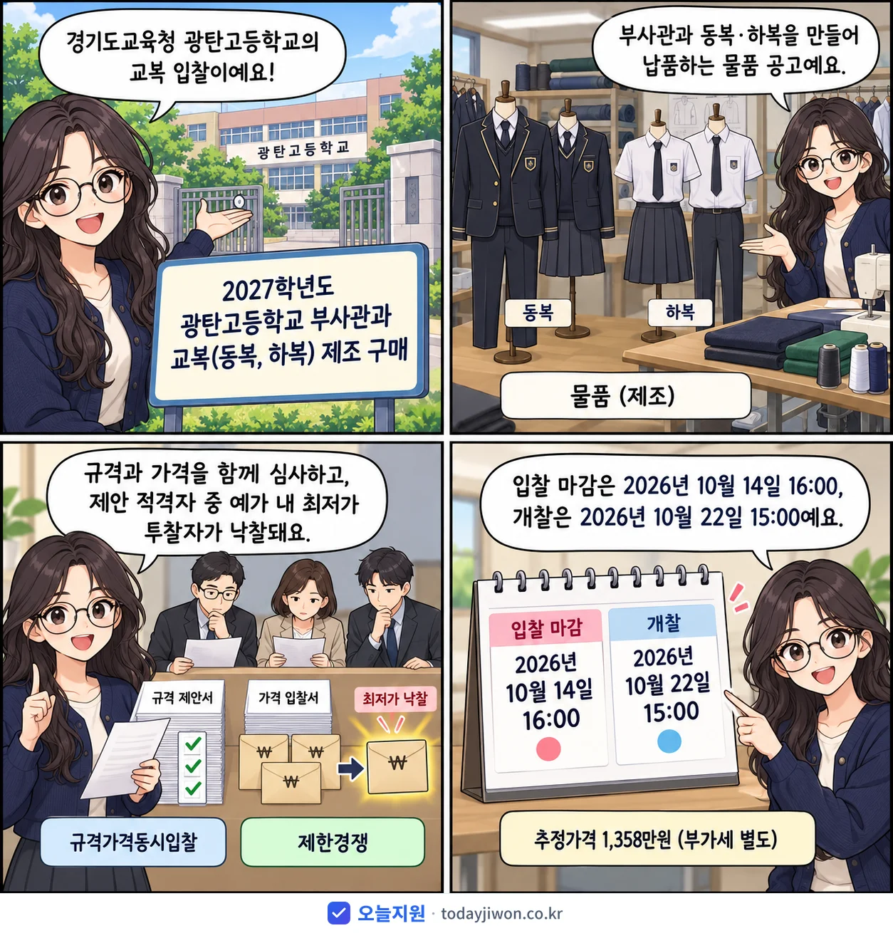 4컷 만화로 보는 공고: 경기도교육청 광탄고등학교 '학년도 광탄고등학교 부사관과 교복(동복, 하복) 제조 구매', 추정가격 1,358만원, 입찰 마감 10/14 16:00