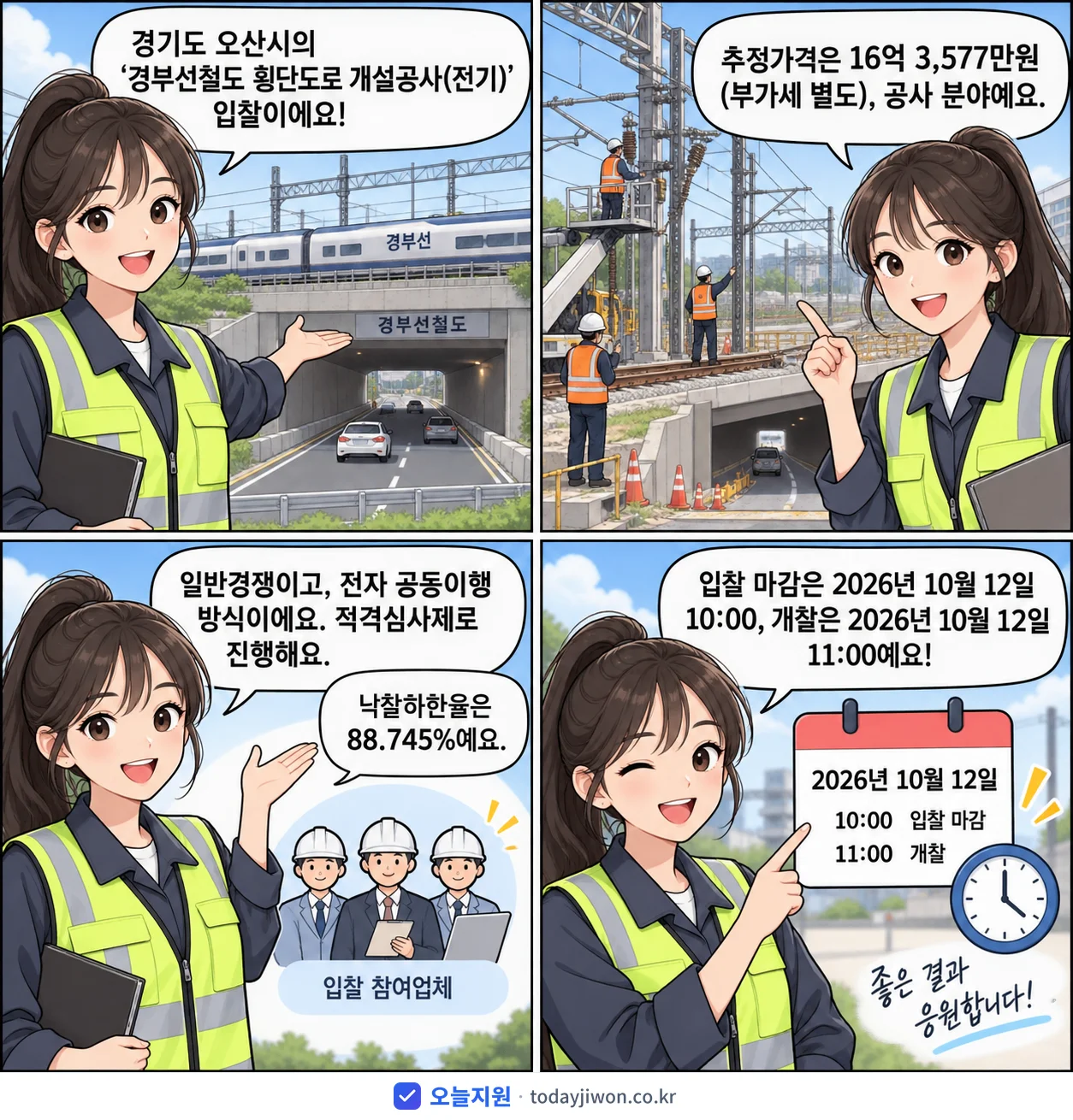 4컷 만화로 보는 공고: 경기도 오산시 '경부선철도 횡단도로 개설공사(전기)', 추정가격 16억 3,577만원, 입찰 마감 10/12 10:00