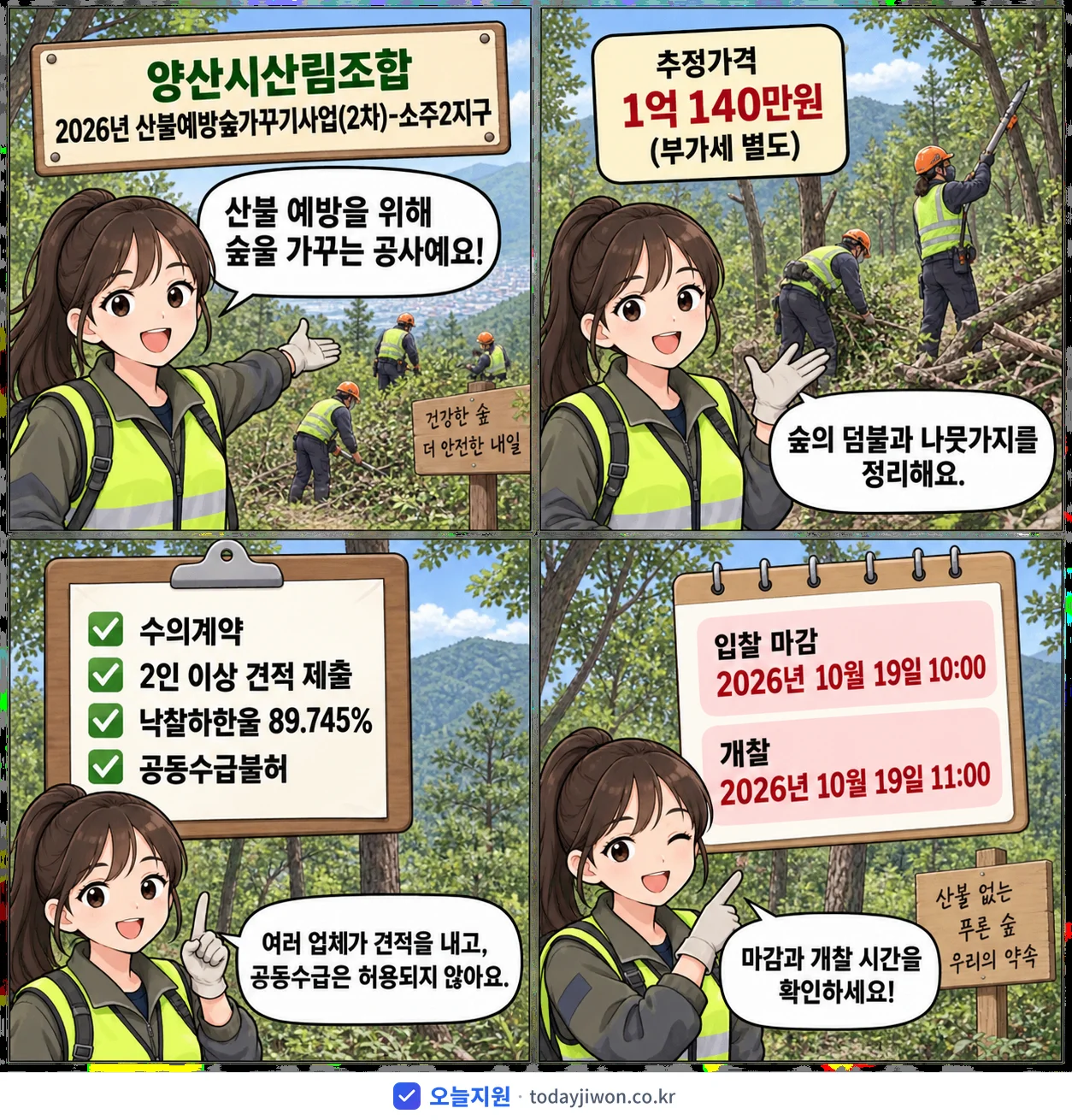 4컷 만화로 보는 공고: 양산시산림조합 '산불예방숲가꾸기사업(2차)-소주2지구', 추정가격 1억 140만원, 입찰 마감 10/19 10:00