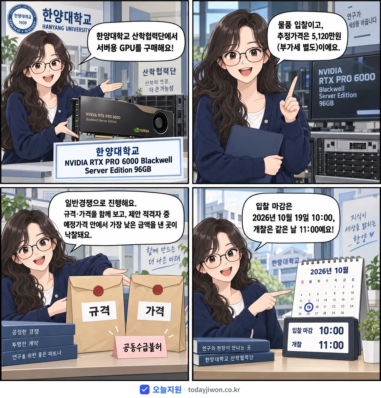 4컷 만화로 보는 공고: 한양대학교 산학협력단 '한양대학교 NVIDIA RTX PRO 6000 Blackwell Ser…', 추정가격 5,120만원, 입찰 마감 10/19 10:00
