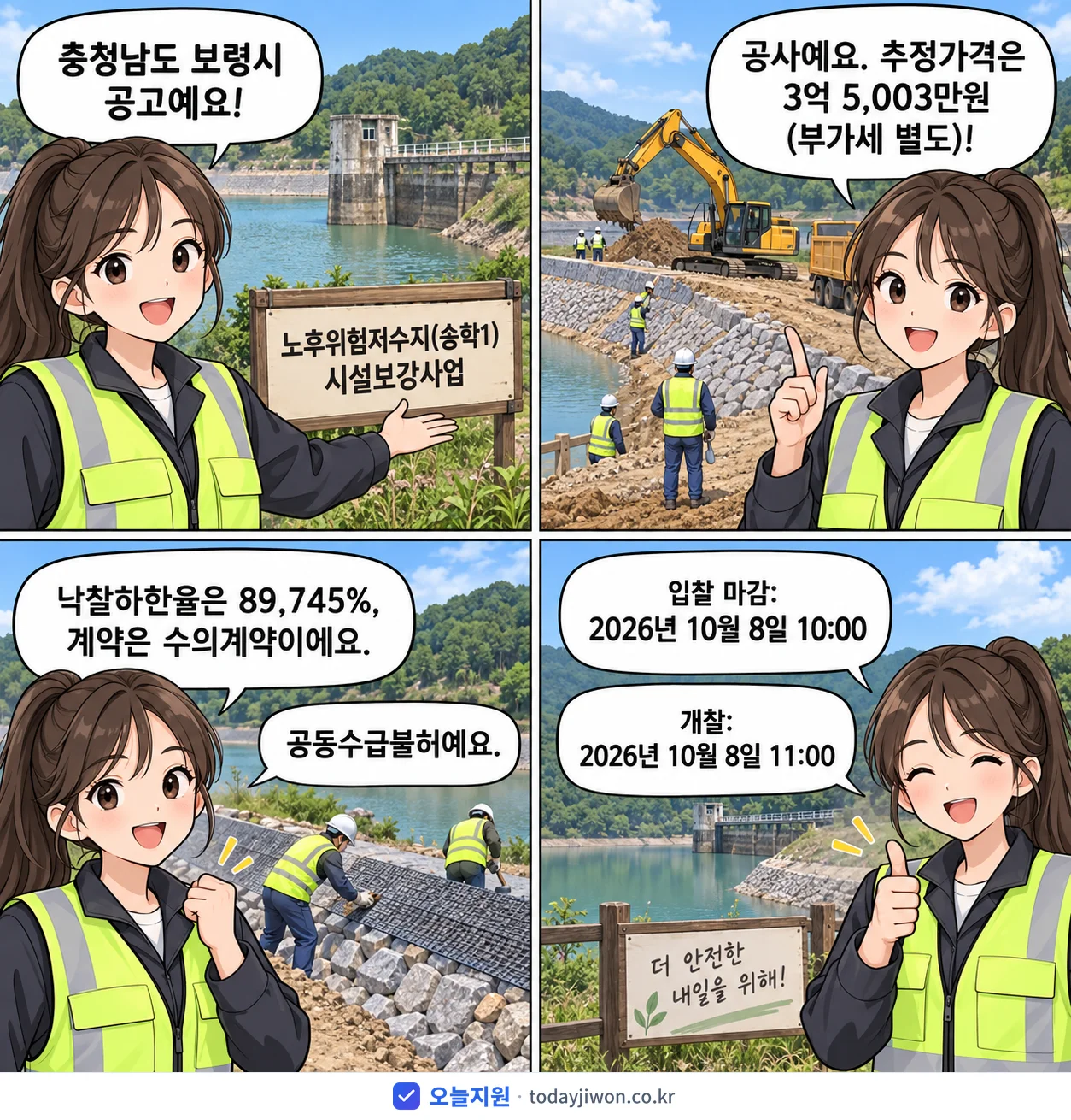 4컷 만화로 보는 공고: 충청남도 보령시 '노후위험저수지(송학1) 시설보강사업', 추정가격 3억 5,003만원, 입찰 마감 10/8 10:00