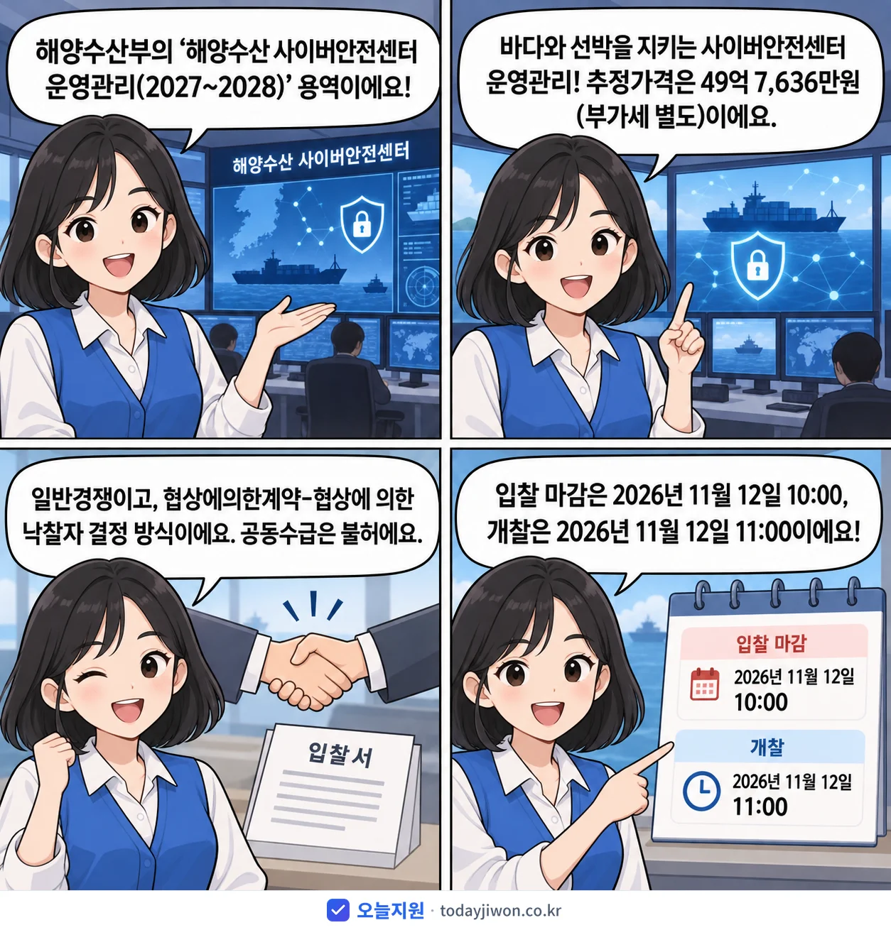 4컷 만화로 보는 공고: 해양수산부 '해양수산 사이버안전센터 운영관리(2027~2028)', 추정가격 49억 7,636만원, 입찰 마감 11/12 10:00