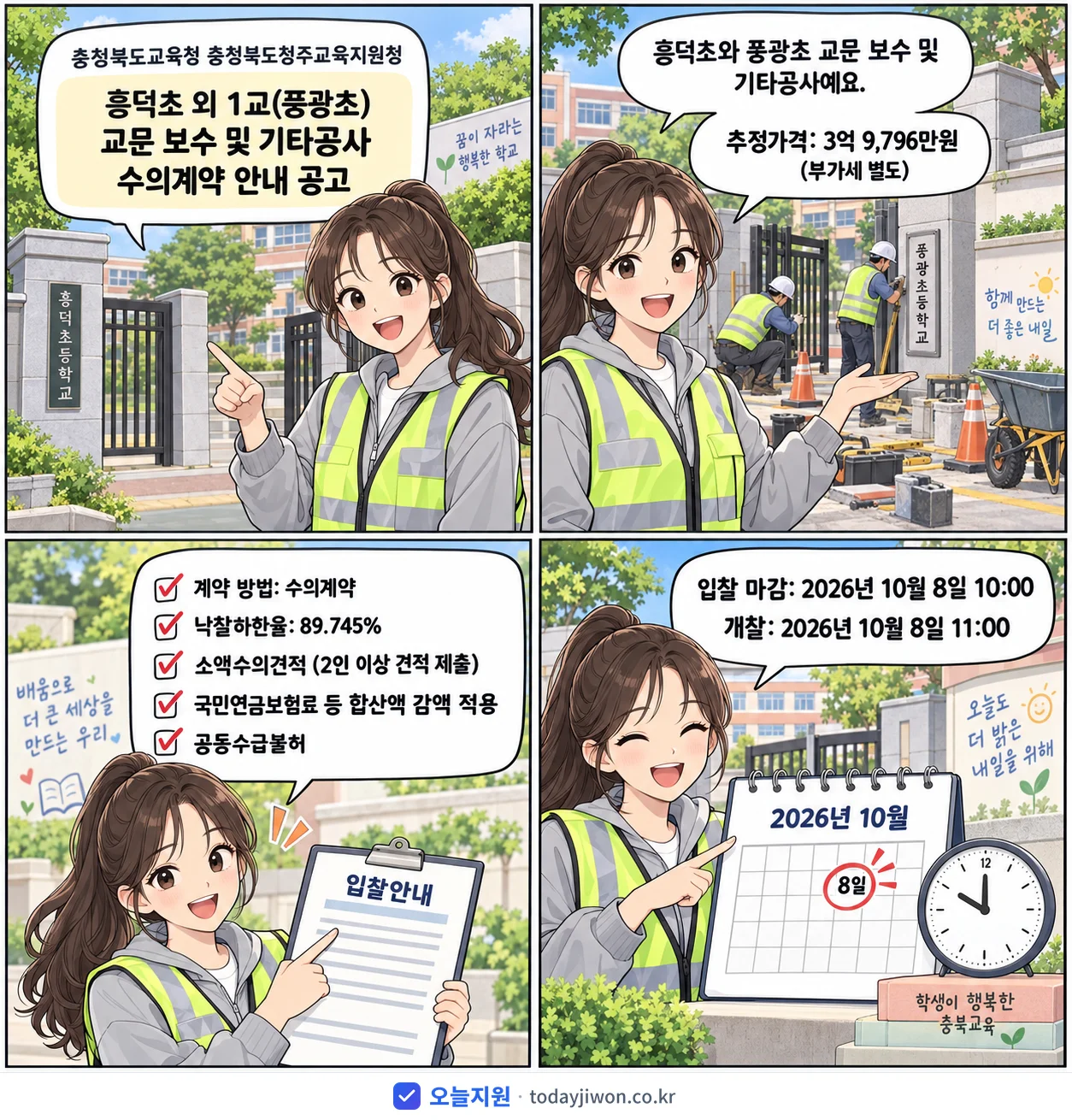4컷 만화로 보는 공고: 충청북도교육청 충청북도청주교육지원청 '흥덕초 외 1교(풍광초) 교문 보수 및 기타공사 수의계약 안내 공고', 추정가격 3억 9,796만원, 입찰 마감 10/8 10:00