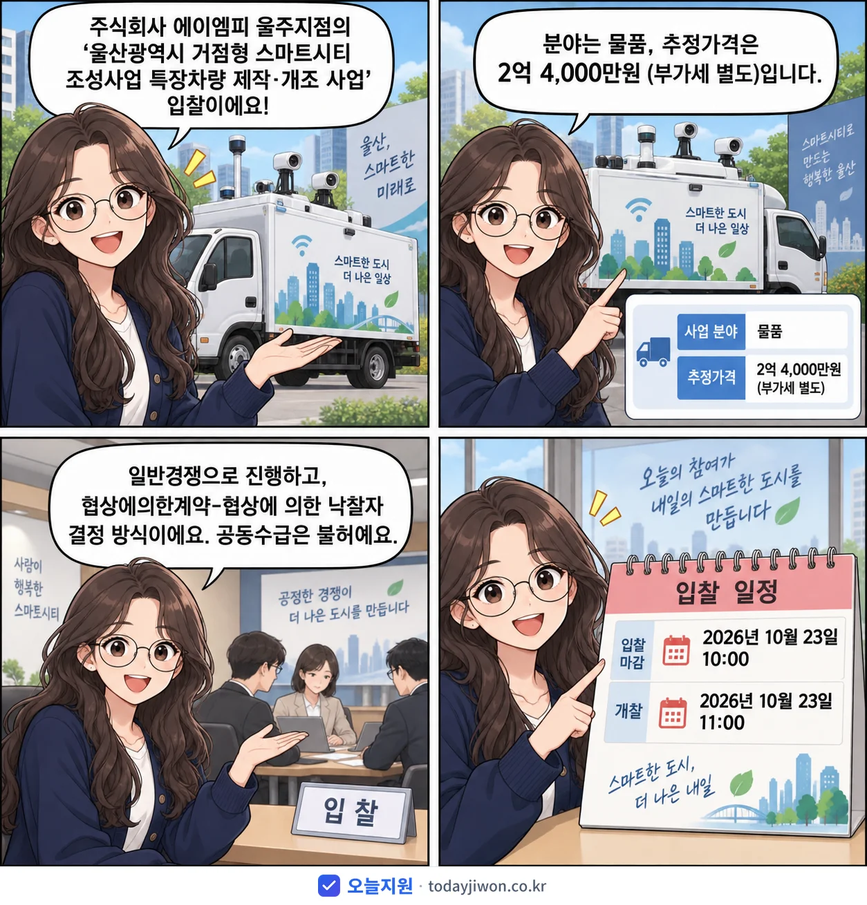 4컷 만화로 보는 공고: 주식회사 에이엠피 울주지점 '울산광역시 거점형 스마트시티 조성사업 특장차량 제작·개조 사업', 추정가격 2억 4,000만원, 입찰 마감 10/23 10:00