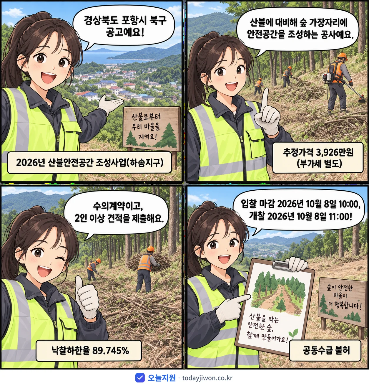 4컷 만화로 보는 공고: 경상북도 포항시 북구 '산불안전공간 조성사업(하송지구)', 추정가격 3,926만원, 입찰 마감 10/8 10:00