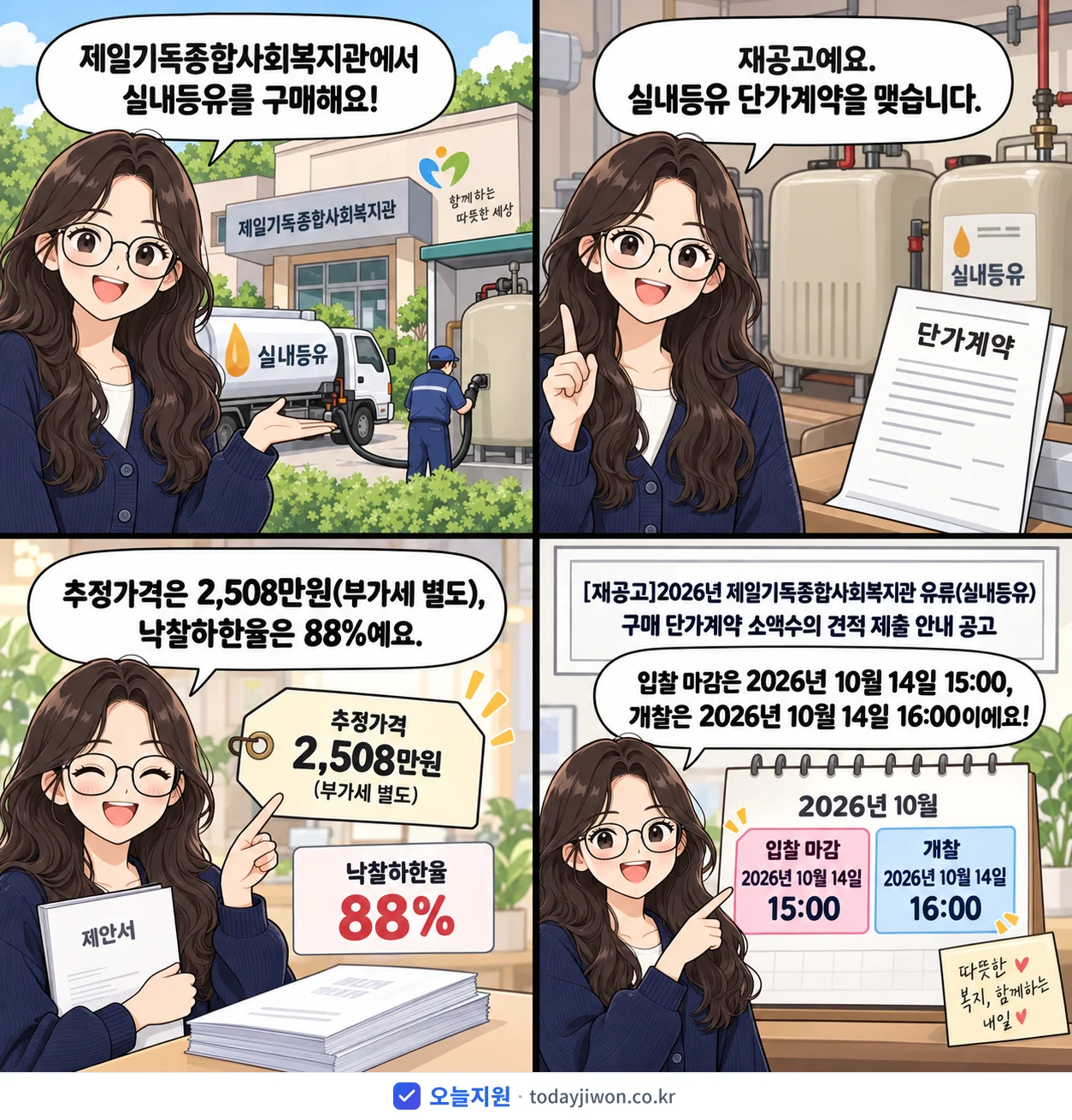 4컷 만화로 보는 공고: 제일기독종합사회복지관 '제일기독종합사회복지관 유류(실내등유) 구매 단가계약 소액수의 견적 제출…', 추정가격 2,508만원, 입찰 마감 10/14 15:00