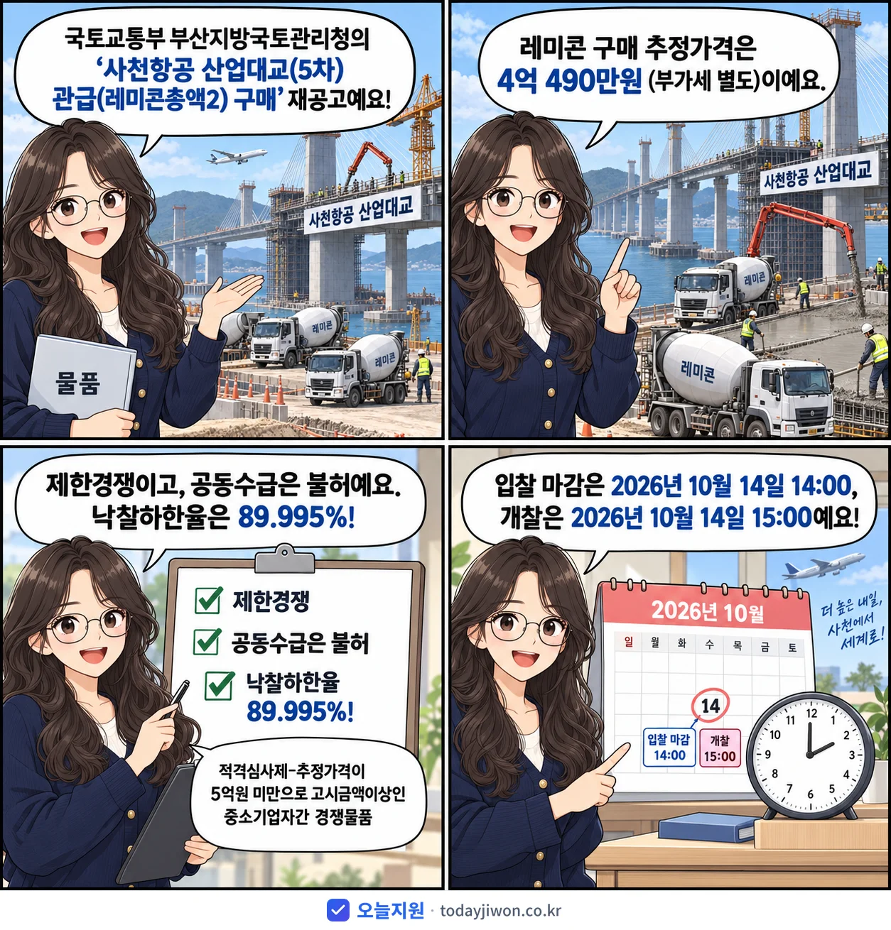 4컷 만화로 보는 공고: 국토교통부 부산지방국토관리청 '사천항공 산업대교(5차) 관급(레미콘총액2) 구매', 추정가격 4억 490만원, 입찰 마감 10/14 14:00