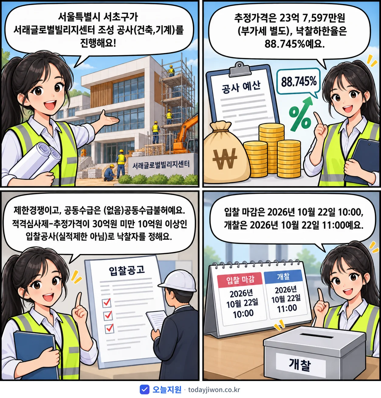 4컷 만화로 보는 공고: 서울특별시 서초구 '서래글로벌빌리지센터 조성 공사(건축,기계)', 추정가격 23억 7,597만원, 입찰 마감 10/22 10:00