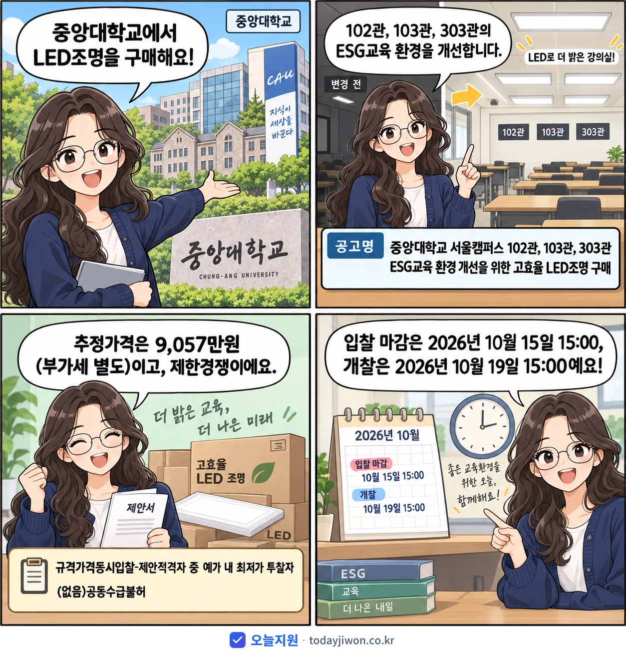 4컷 만화로 보는 공고: 중앙대학교 '중앙대학교 서울캠퍼스 102관, 103관, 303관 ESG교육 환경 개…', 추정가격 9,057만원, 입찰 마감 10/15 15:00