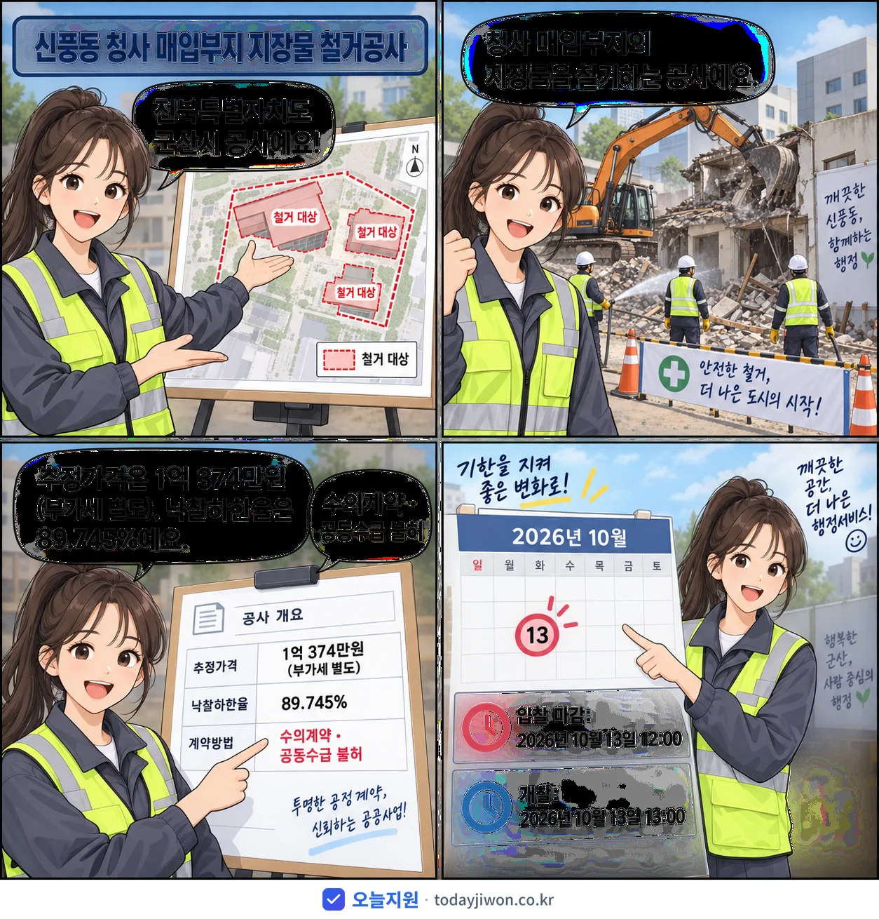 4컷 만화로 보는 공고: 전북특별자치도 군산시 '신풍동 청사 매입부지 지장물 철거공사', 추정가격 1억 374만원, 입찰 마감 10/13 12:00