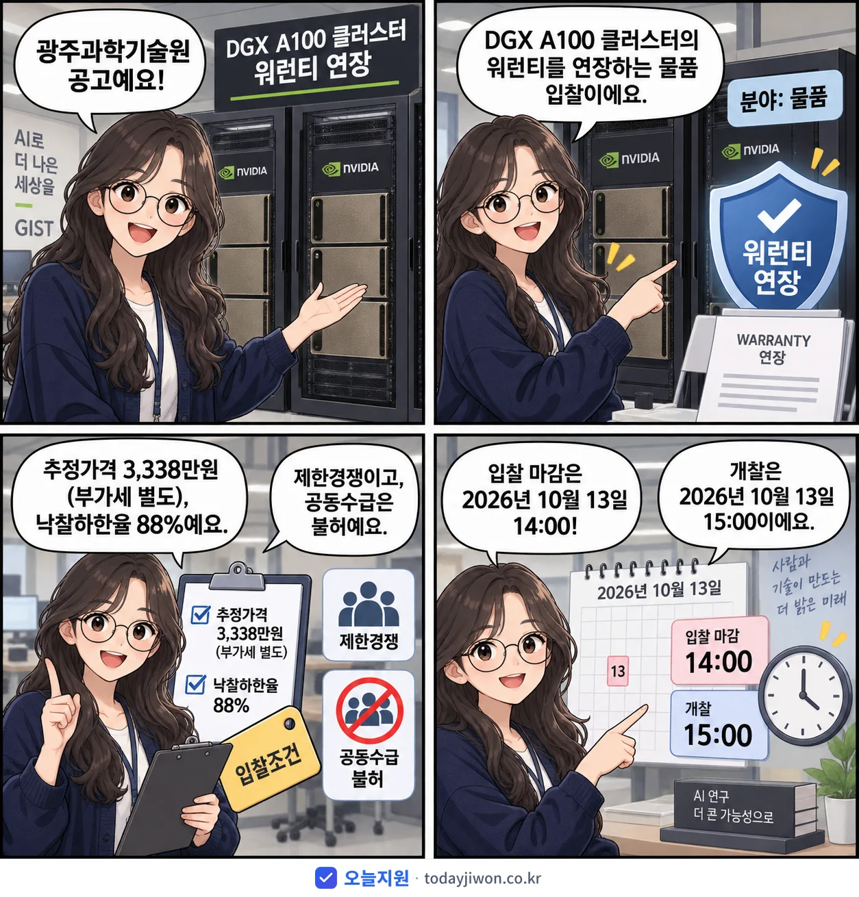 4컷 만화로 보는 공고: 광주과학기술원 'DGX A100 클러스터 워런티 연장', 추정가격 3,338만원, 입찰 마감 10/13 14:00