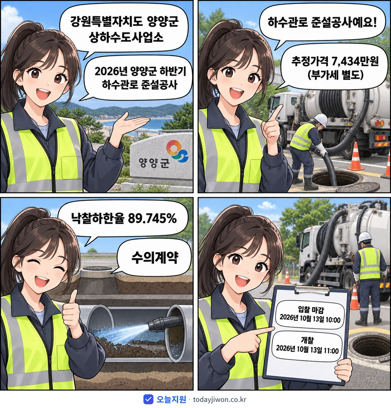4컷 만화로 보는 공고: 강원특별자치도 양양군 상하수도사업소 '양양군 하반기 하수관로 준설공사', 추정가격 7,434만원, 입찰 마감 10/13 10:00