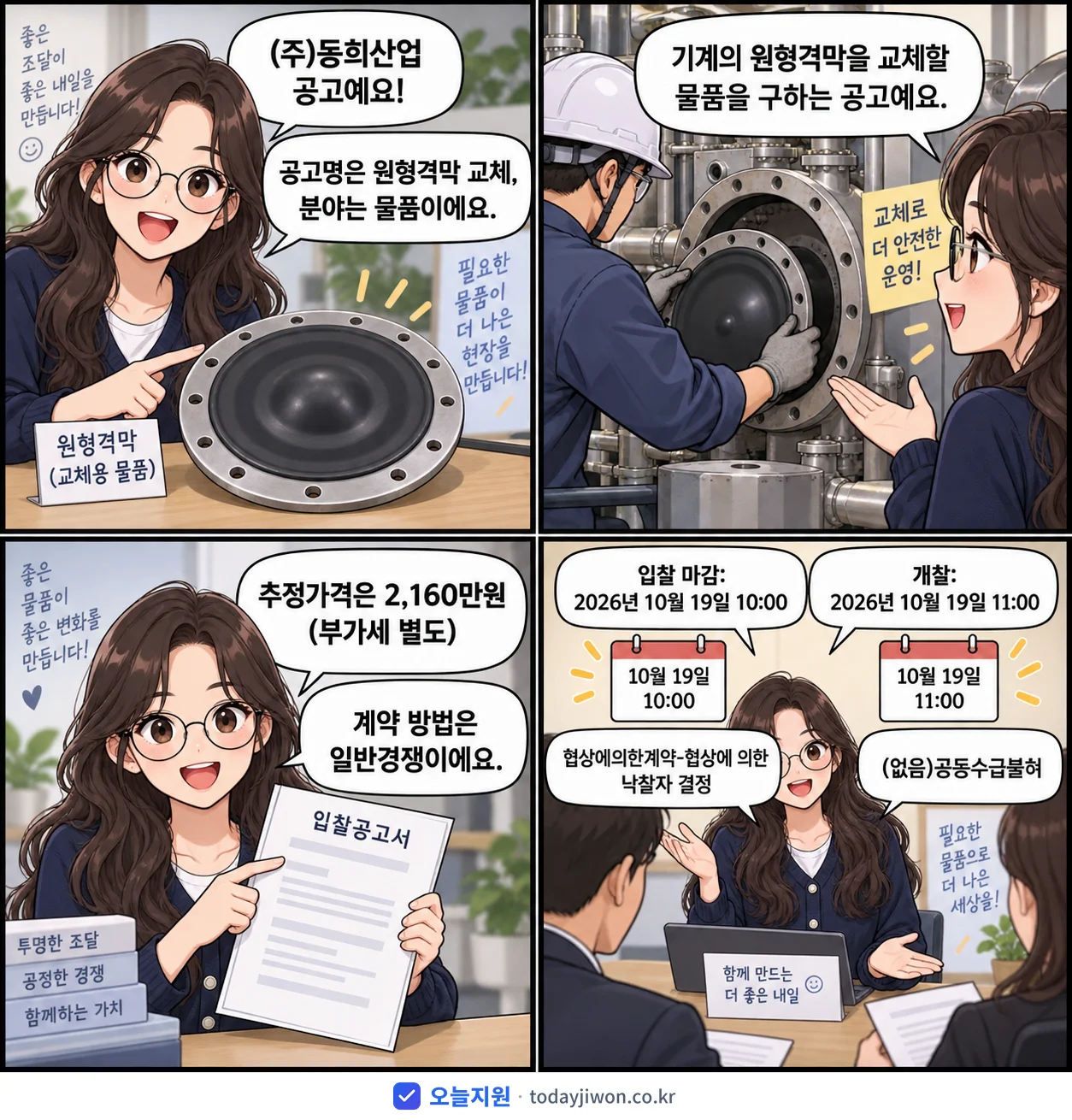 4컷 만화로 보는 공고: (주)동희산업 '원형격막 교체', 추정가격 2,160만원, 입찰 마감 10/19 10:00