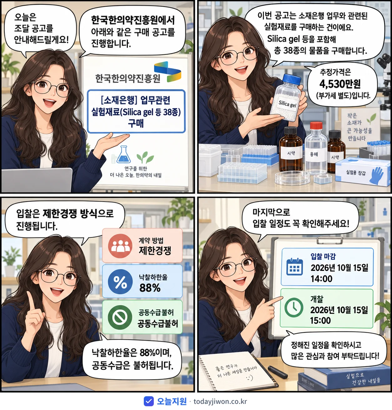 4컷 만화로 보는 공고: 한국한의약진흥원 '업무관련 실험재료(Silica gel 등 38종) 구매', 추정가격 4,530만원, 입찰 마감 10/15 14:00