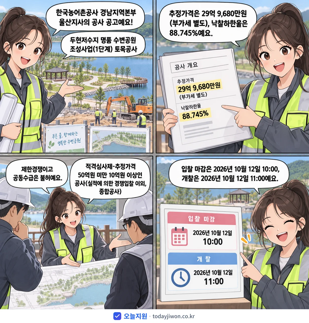 4컷 만화로 보는 공고: 한국농어촌공사 경남지역본부 울산지사 '두현저수지 명품 수변공원 조성사업(1단계) 토목공사', 추정가격 29억 9,680만원, 입찰 마감 10/12 10:00