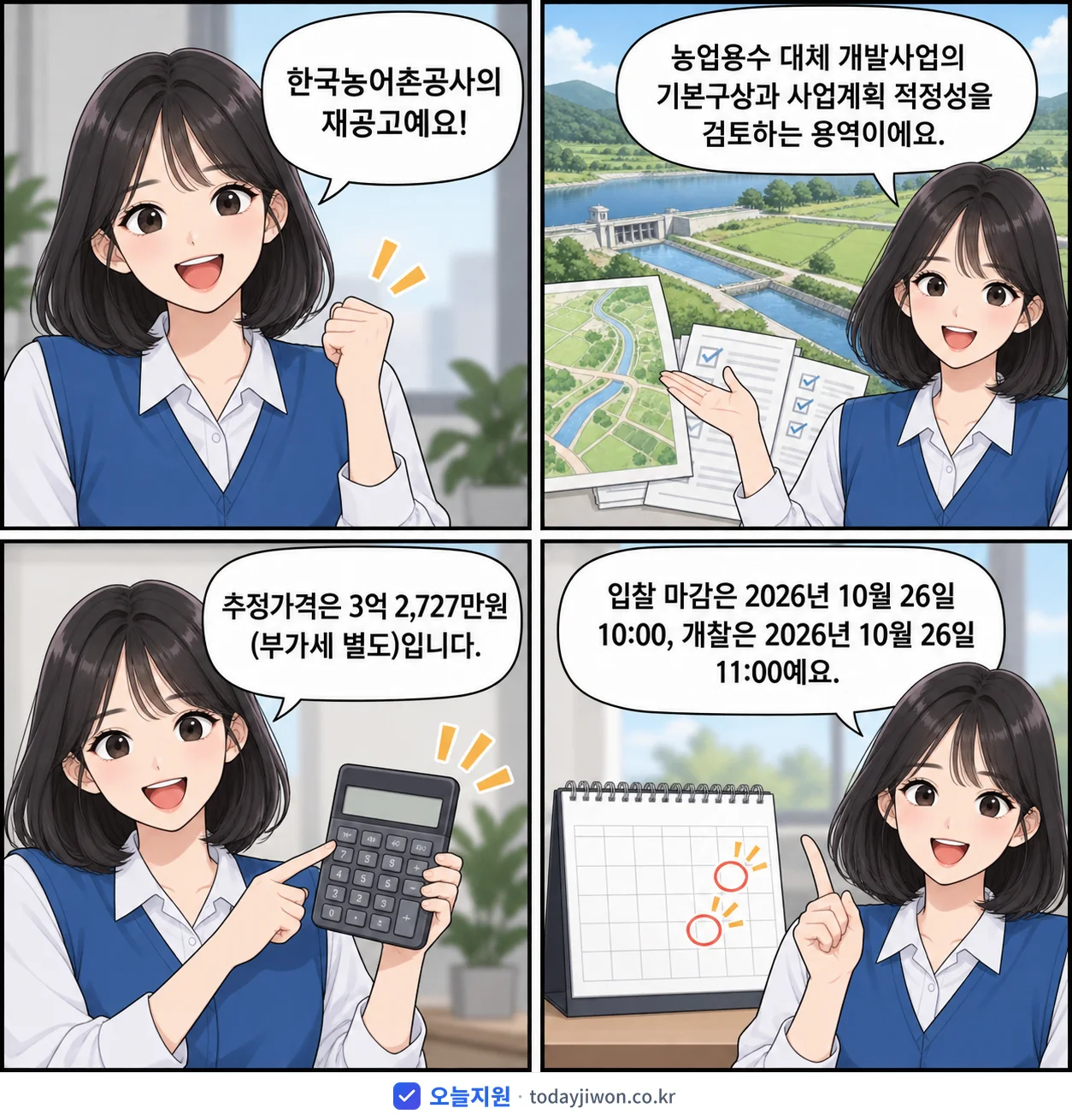 4컷 만화로 보는 공고: 한국농어촌공사 '메가프로젝트 연계 농업용수 대체 개발사업 기본구상 및 사업계획 적정성…', 추정가격 3억 2,727만원, 입찰 마감 10/26 10:00