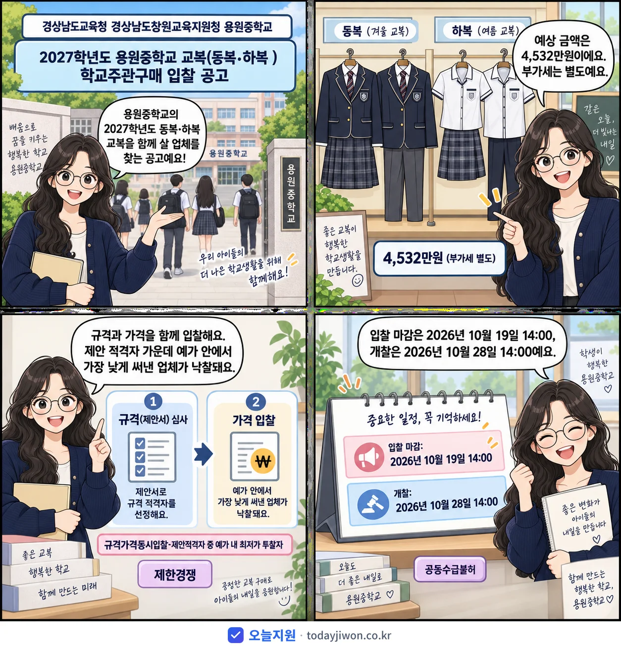 4컷 만화로 보는 공고: 경상남도교육청 경상남도창원교육지원청 용원중학교 '학년도 용원중학교 교복(동복․하복 ) 학교주관구매 입찰 공고', 추정가격 4,532만원, 입찰 마감 10/19 14:00