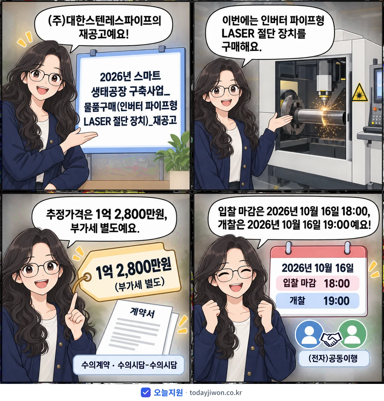4컷 만화로 보는 공고: (주)대한스텐레스파이프 '스마트 생태공장 구축사업_물품구매(인버터 파이프형 LASER 절단 장치…', 추정가격 1억 2,800만원, 입찰 마감 10/16 18:00