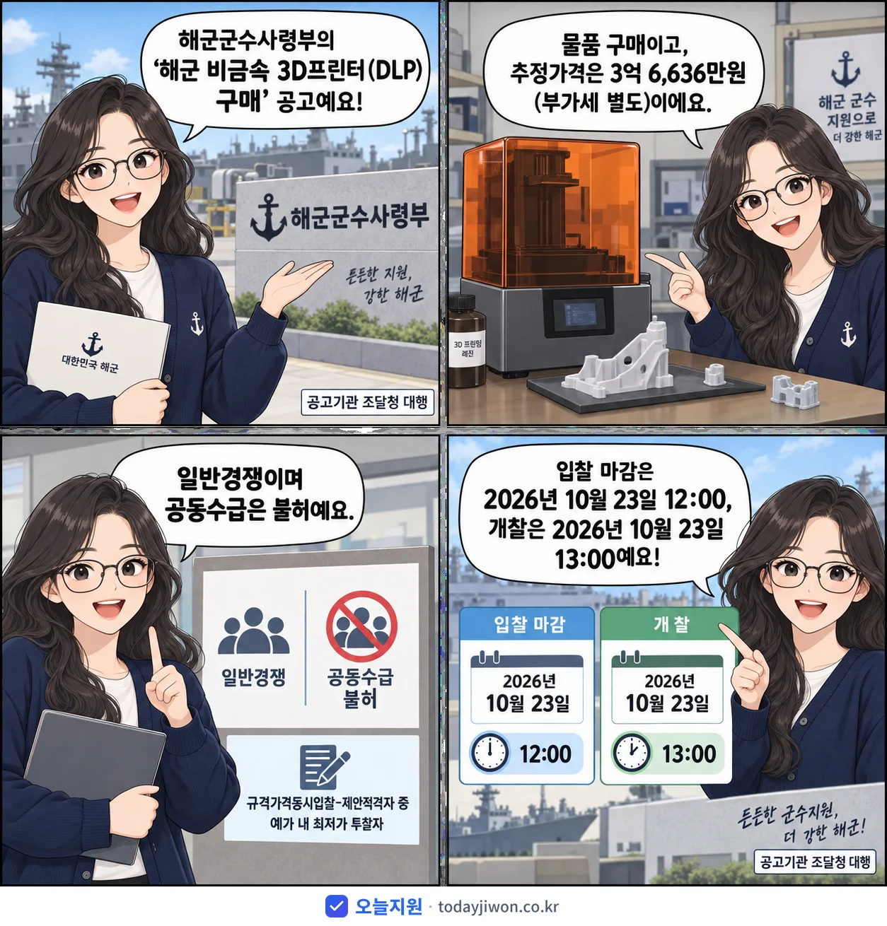 4컷 만화로 보는 공고: 해군군수사령부 '해군 비금속 3D프린터(DLP) 구매', 추정가격 3억 6,636만원, 입찰 마감 10/23 12:00