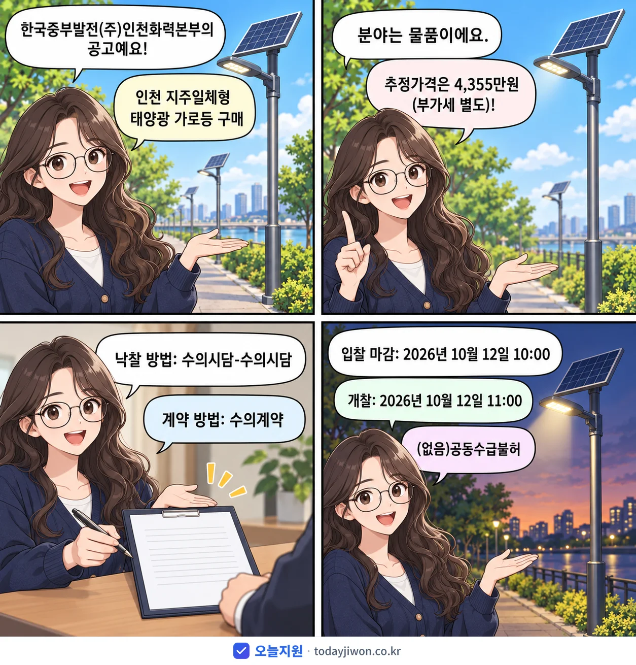 4컷 만화로 보는 공고: 한국중부발전(주)인천화력본부 '인천 지주일체형 태양광 가로등 구매', 추정가격 4,355만원, 입찰 마감 10/12 10:00