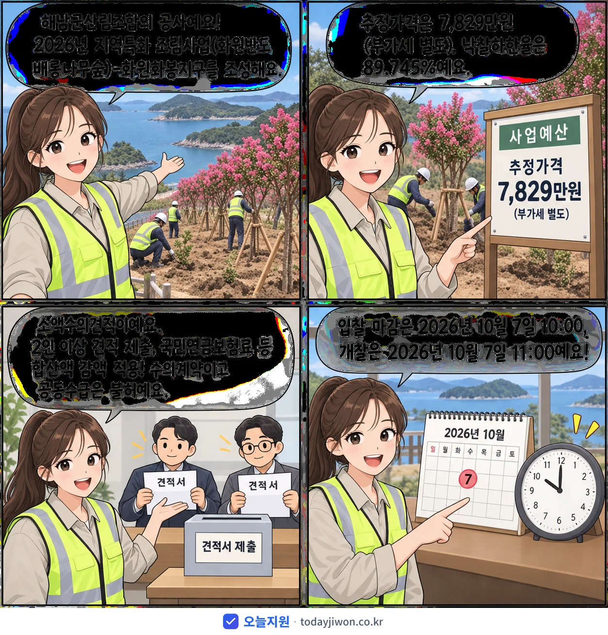 4컷 만화로 보는 공고: 해남군산림조합 '지역특화 조림사업(화원반도 배롱나무숲)-화원화봉지구', 추정가격 7,829만원, 입찰 마감 10/7 10:00