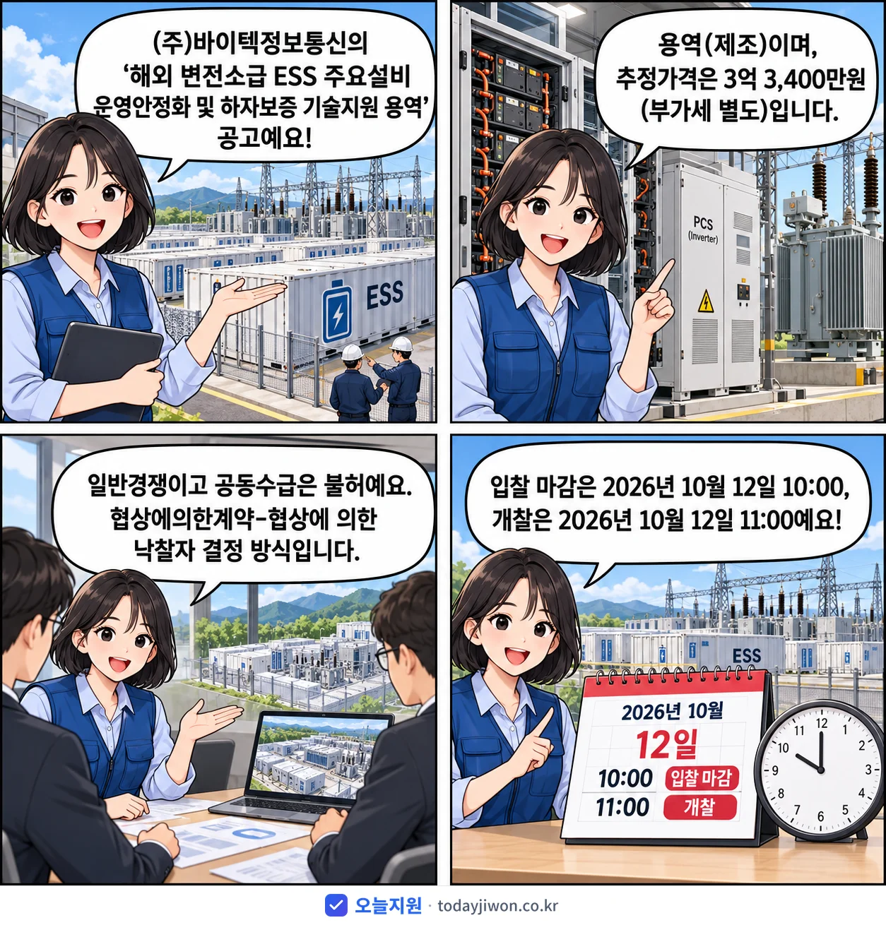 4컷 만화로 보는 공고: (주)바이텍정보통신 '해외 변전소급 ESS 주요설비 운영안정화 및 하자보증 기술지원 용역', 추정가격 3억 3,400만원, 입찰 마감 10/12 10:00