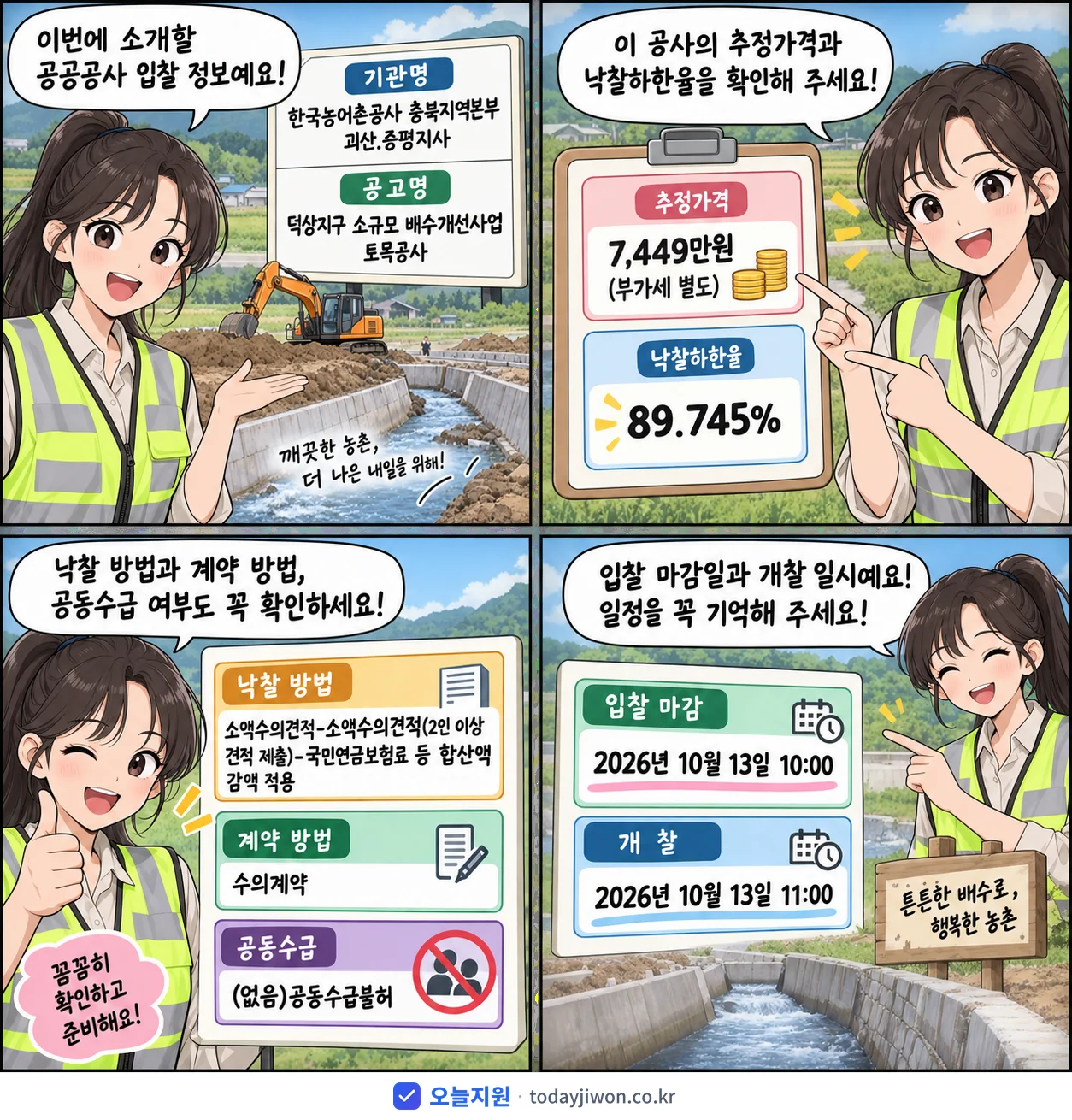 4컷 만화로 보는 공고: 한국농어촌공사 충북지역본부 괴산.증평지사 '덕상지구 소규모 배수개선사업 토목공사', 추정가격 7,449만원, 입찰 마감 10/13 10:00