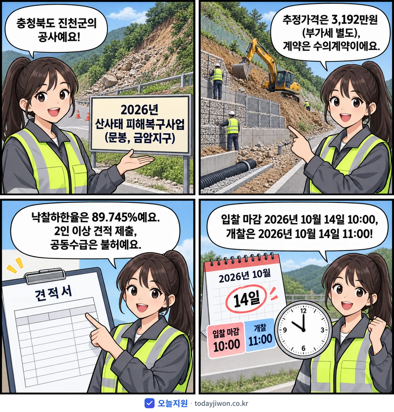 4컷 만화로 보는 공고: 충청북도 진천군 '산사태 피해복구사업(문봉, 금암지구)', 추정가격 3,192만원, 입찰 마감 10/14 10:00