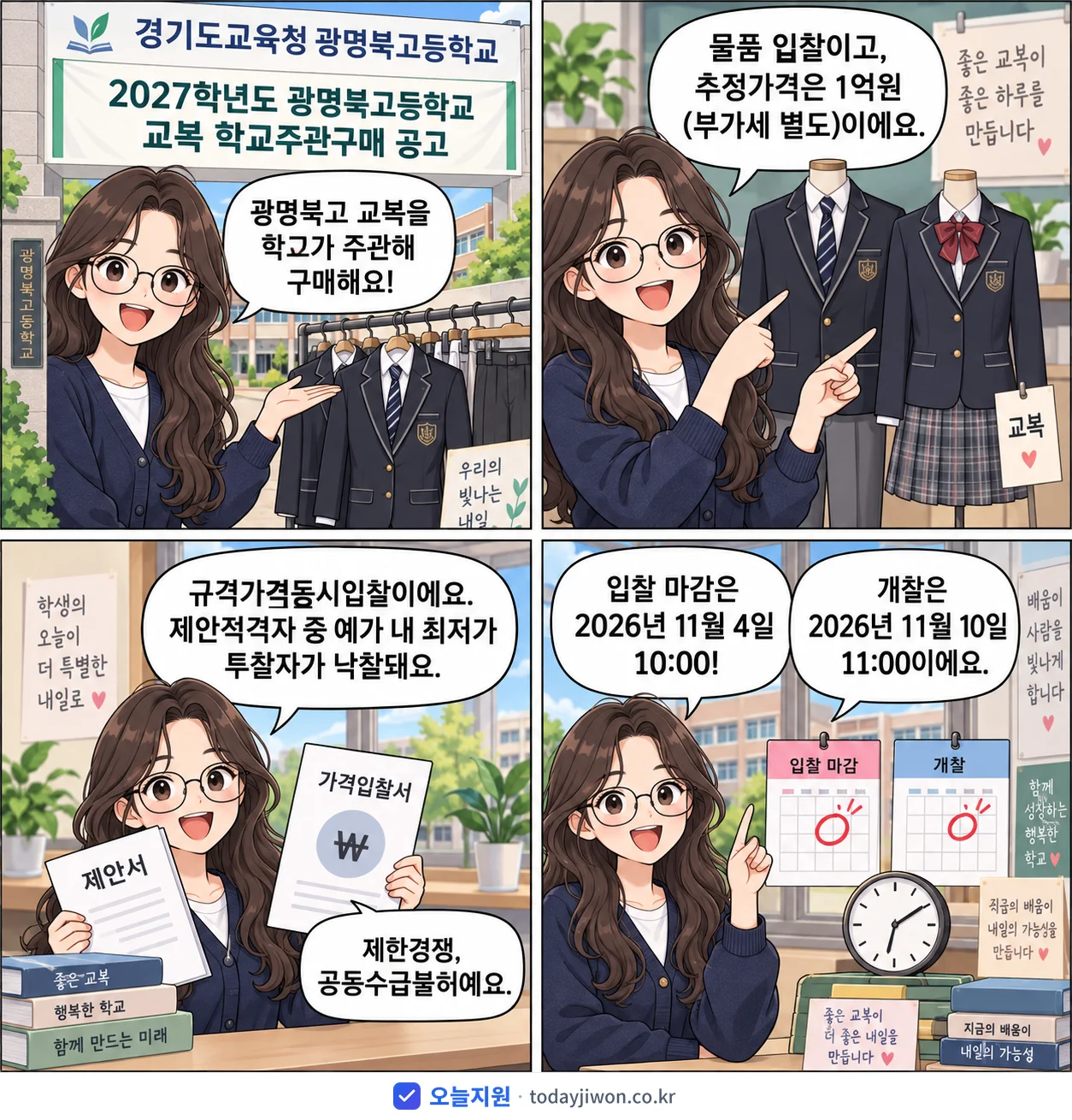 4컷 만화로 보는 공고: 경기도교육청 광명북고등학교 '학년도 광명북고등학교 교복 학교주관구매 공고', 추정가격 1억원, 입찰 마감 11/4 10:00