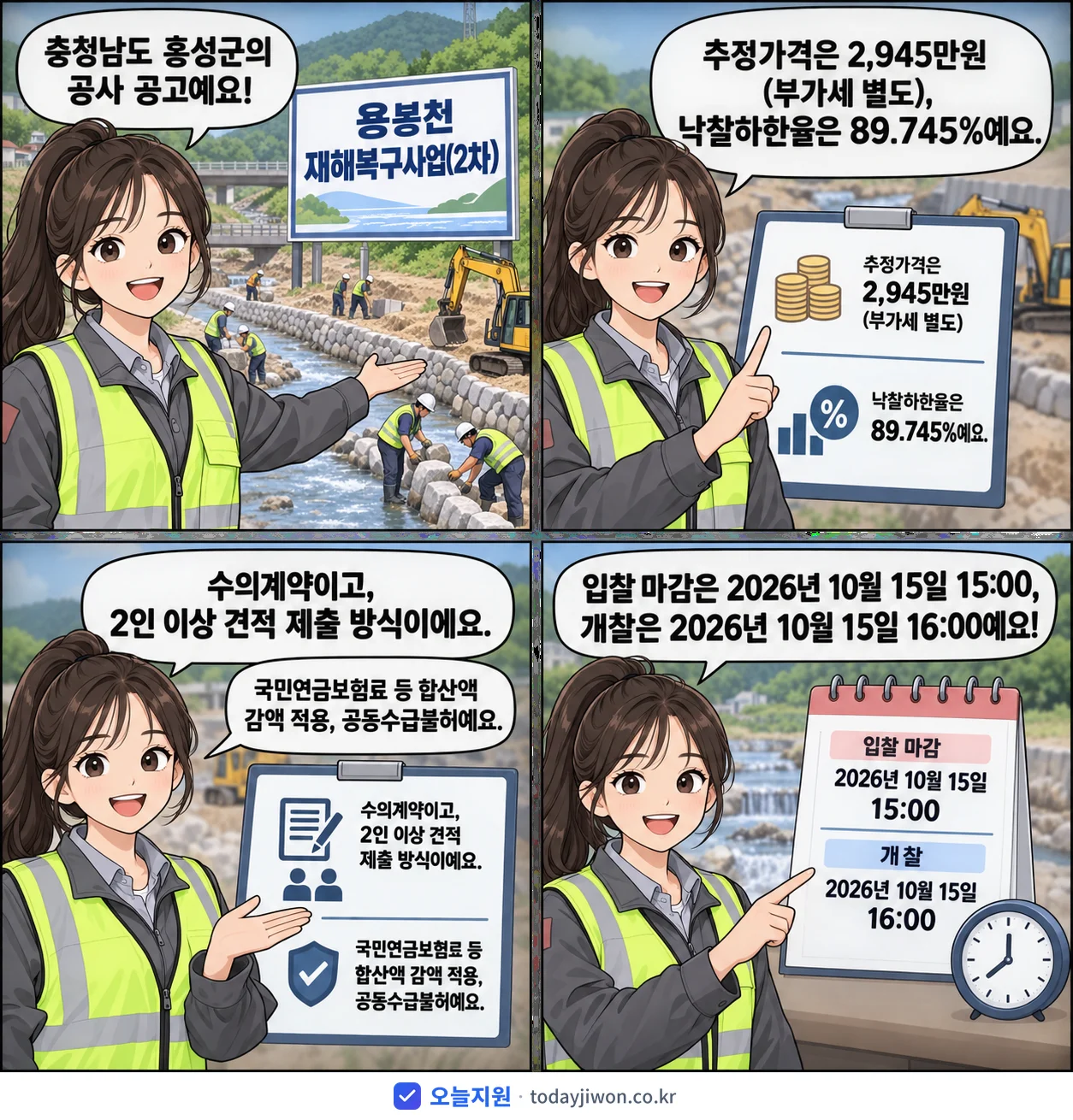 4컷 만화로 보는 공고: 충청남도 홍성군 '용봉천 재해복구사업(2차)', 추정가격 2,945만원, 입찰 마감 10/15 15:00