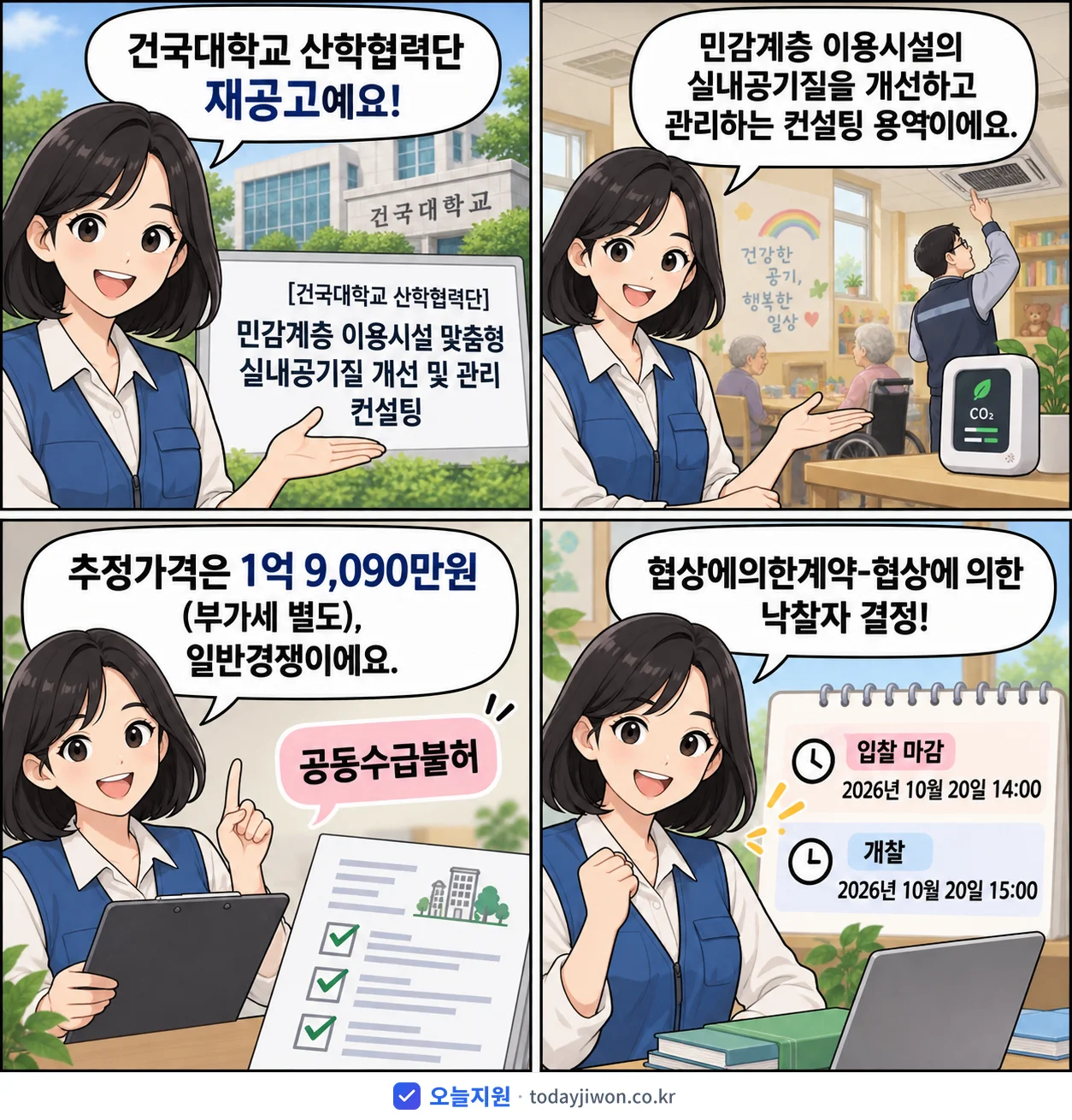 4컷 만화로 보는 공고: 건국대학교 산학협력단 '민감계층 이용시설 맞춤형 실내공기질 개선 및 관리 컨설팅', 추정가격 1억 9,090만원, 입찰 마감 10/20 14:00