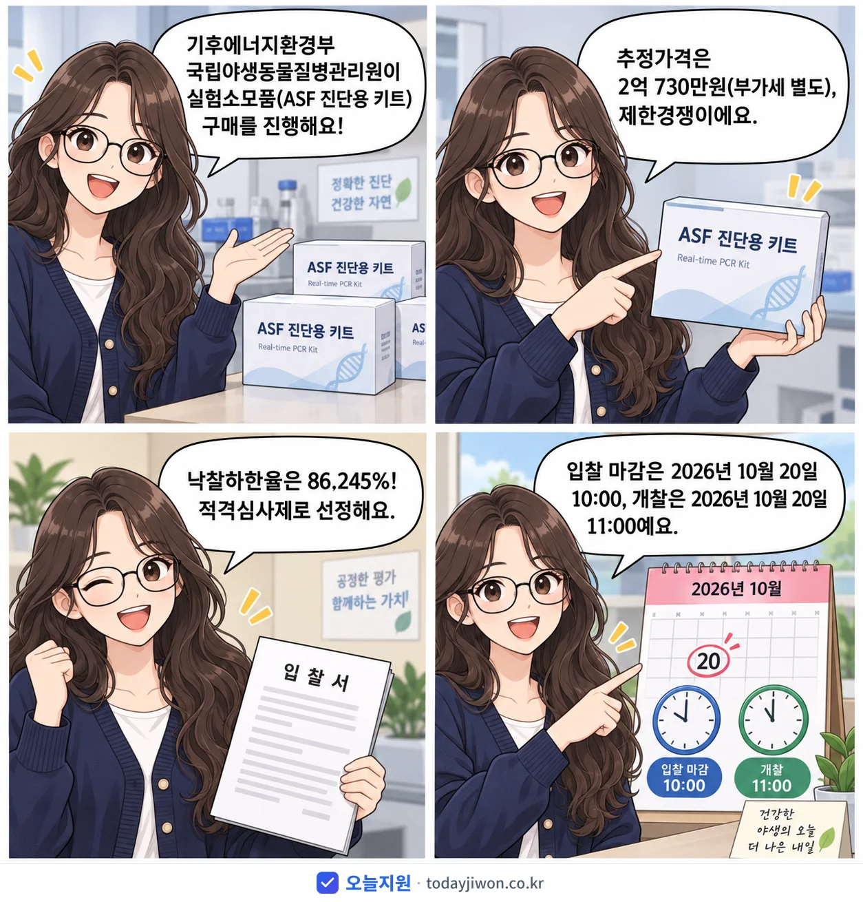 4컷 만화로 보는 공고: 기후에너지환경부 국립야생동물질병관리원 '실험소모품(ASF 진단용 키트) 구매', 추정가격 2억 730만원, 입찰 마감 10/20 10:00