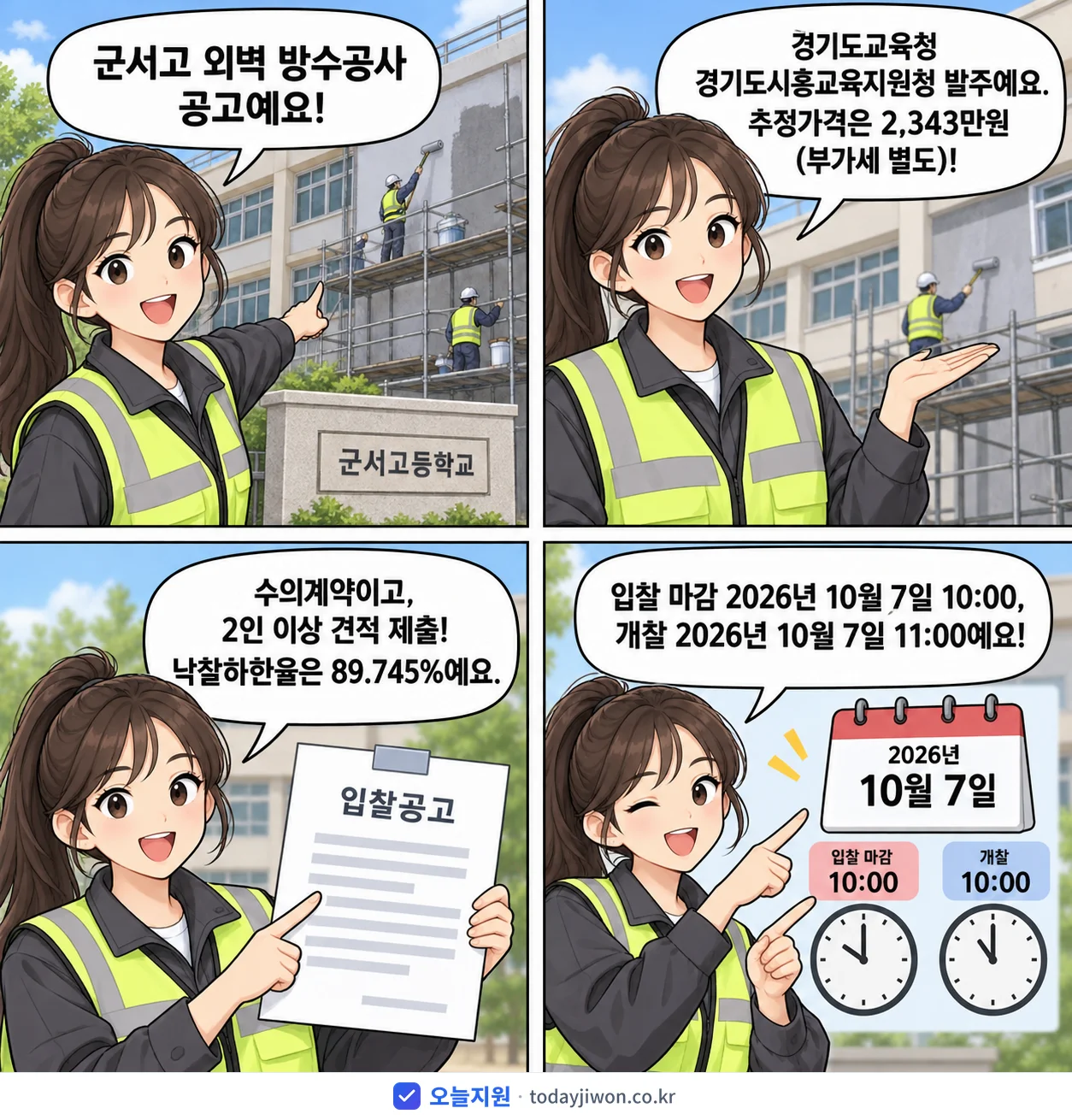 4컷 만화로 보는 공고: 경기도교육청 경기도시흥교육지원청 '군서고 외벽 방수공사 2인 이상 견적제출 수의계약 안내공고', 추정가격 2,343만원, 입찰 마감 10/7 10:00