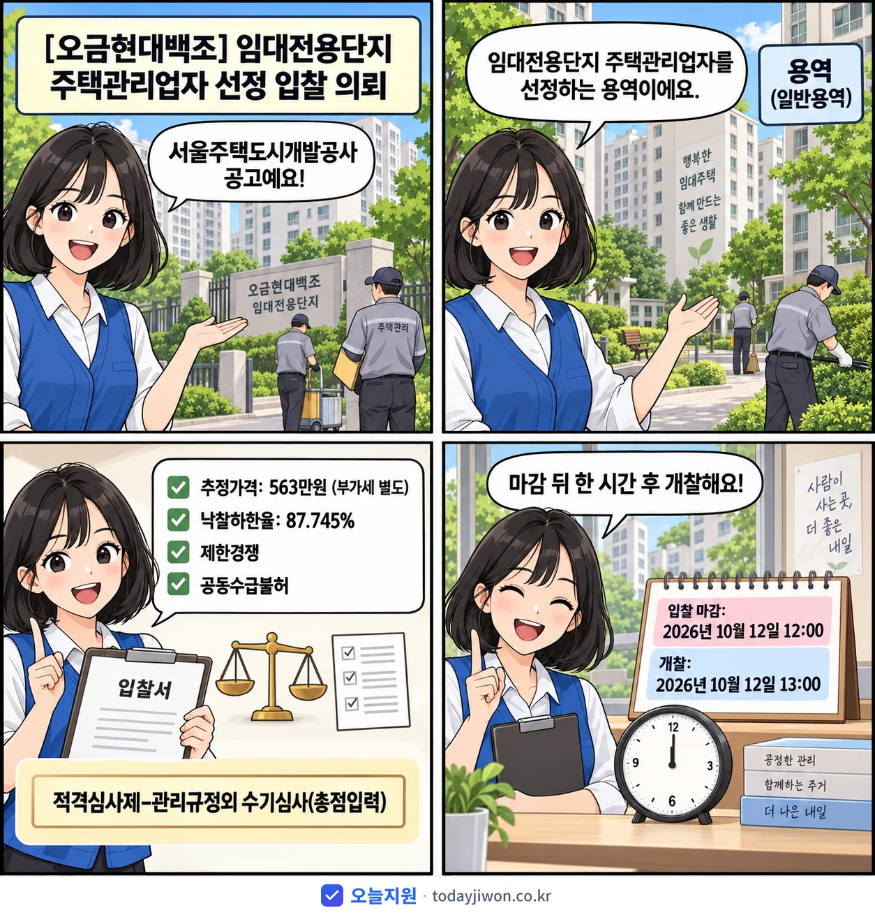 4컷 만화로 보는 공고: 서울주택도시개발공사 '임대전용단지 주택관리업자 선정 입찰 의뢰', 추정가격 563만원, 입찰 마감 10/12 12:00