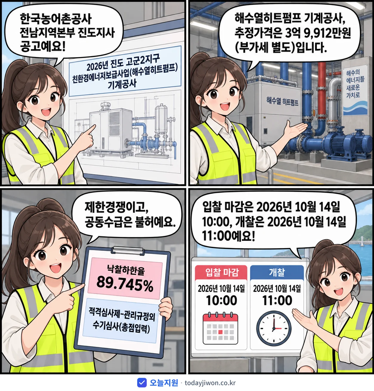 4컷 만화로 보는 공고: 한국농어촌공사 전남지역본부 진도지사 '진도 고군2지구 친환경에너지보급사업(해수열히트펌프) 기계공사', 추정가격 3억 9,912만원, 입찰 마감 10/14 10:00