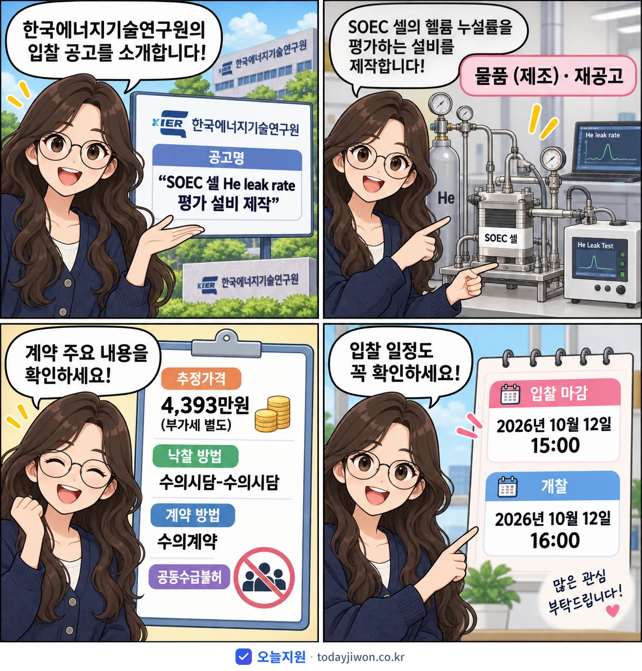 4컷 만화로 보는 공고: 한국에너지기술연구원 'SOEC 셀 He leak rate 평가 설비 제작', 추정가격 4,393만원, 입찰 마감 10/12 15:00