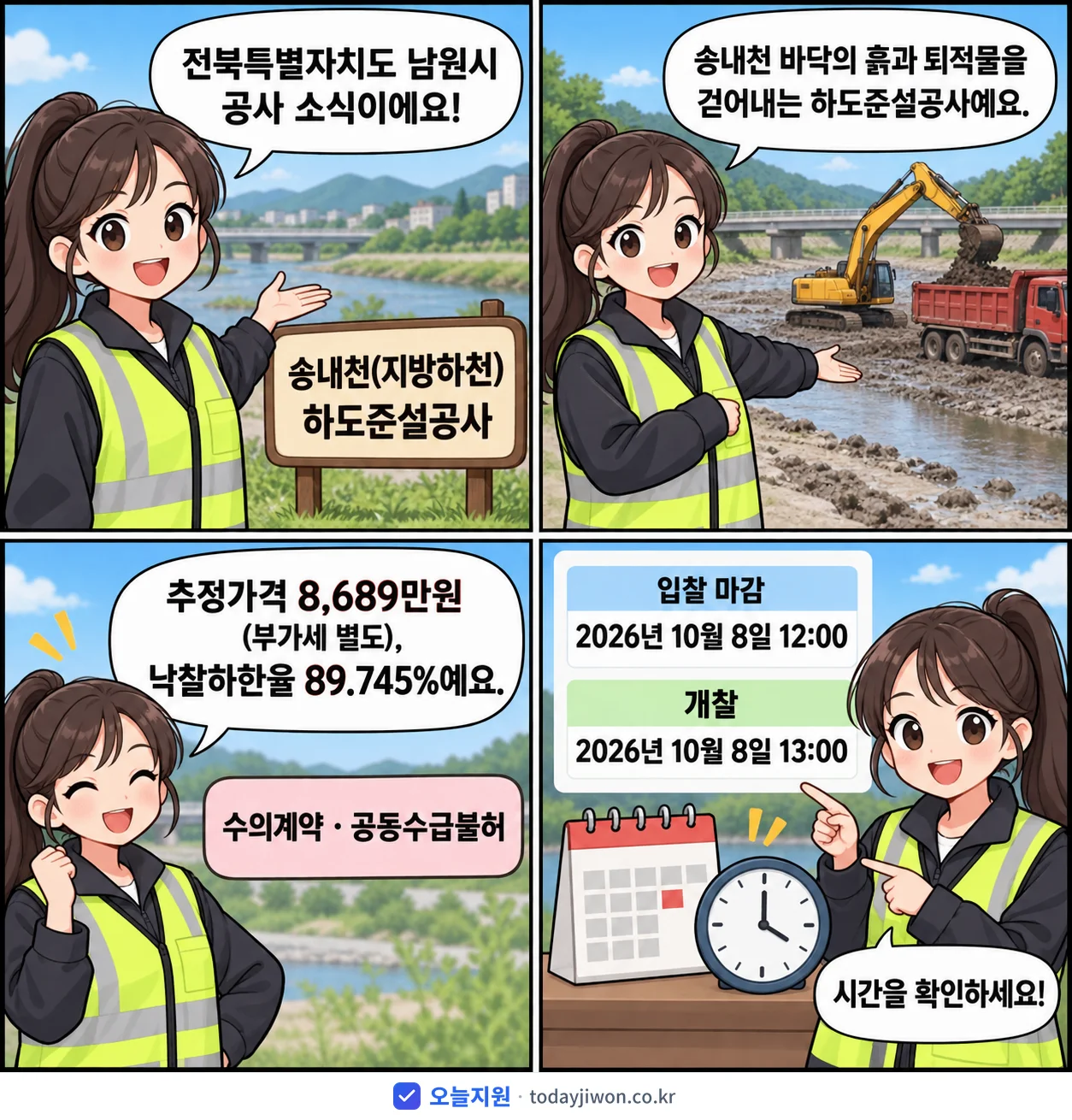 4컷 만화로 보는 공고: 전북특별자치도 남원시 '송내천(지방하천) 하도준설공사', 추정가격 8,689만원, 입찰 마감 10/8 12:00