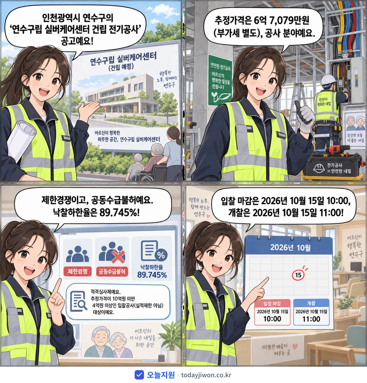 4컷 만화로 보는 공고: 인천광역시 연수구 '연수구립 실버케어센터 건립 전기공사', 추정가격 6억 7,079만원, 입찰 마감 10/15 10:00