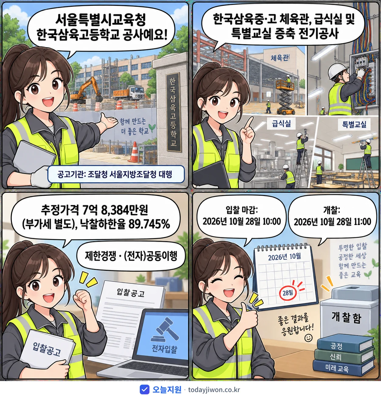 4컷 만화로 보는 공고: 서울특별시교육청 한국삼육고등학교 '한국삼육중·고 체육관, 급식실 및 특별교실 증축 전기공사', 추정가격 7억 8,384만원, 입찰 마감 10/28 10:00