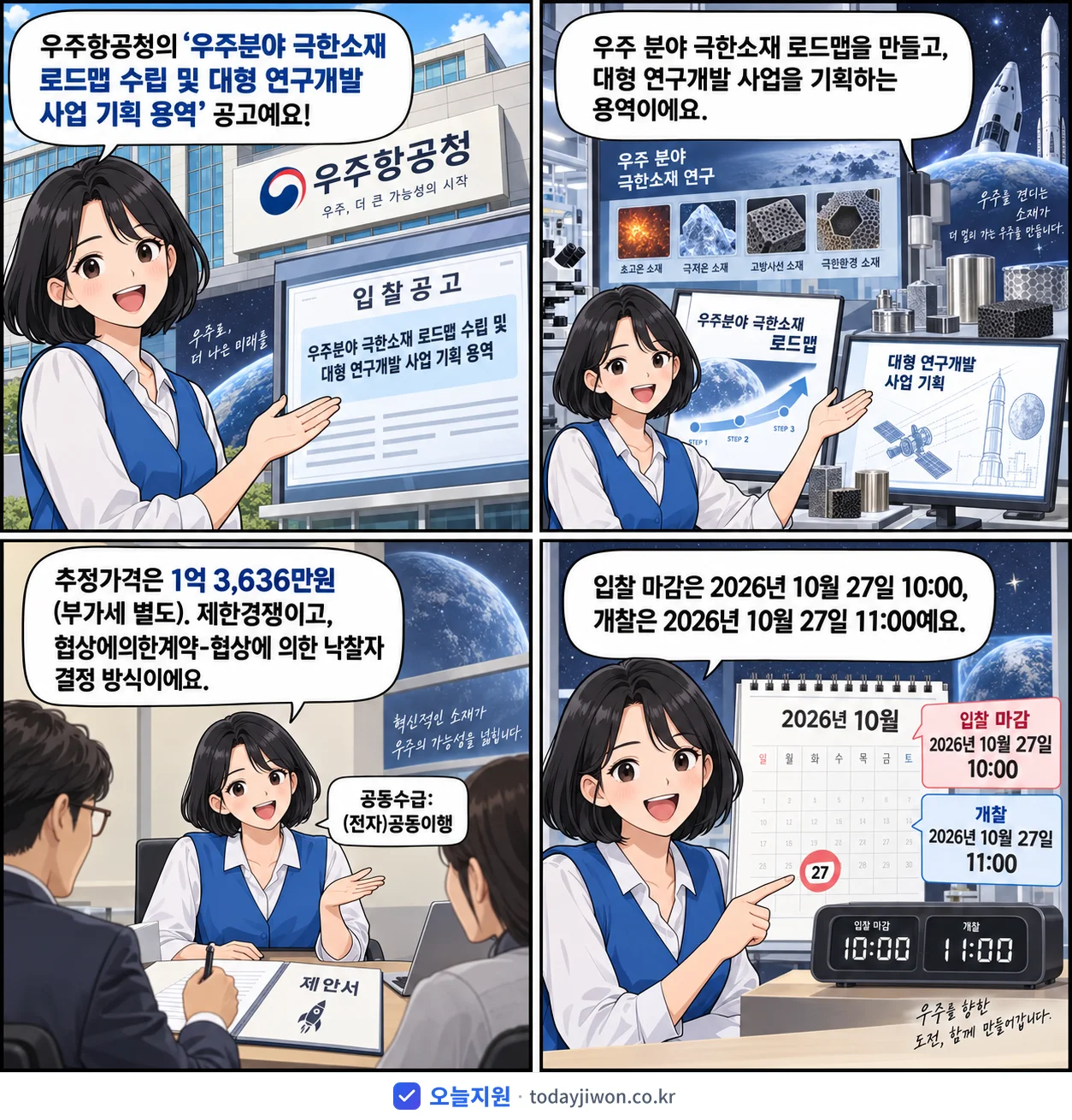 4컷 만화로 보는 공고: 우주항공청 '우주분야 극한소재 로드맵 수립 및 대형 연구개발 사업 기획 용역', 추정가격 1억 3,636만원, 입찰 마감 10/27 10:00