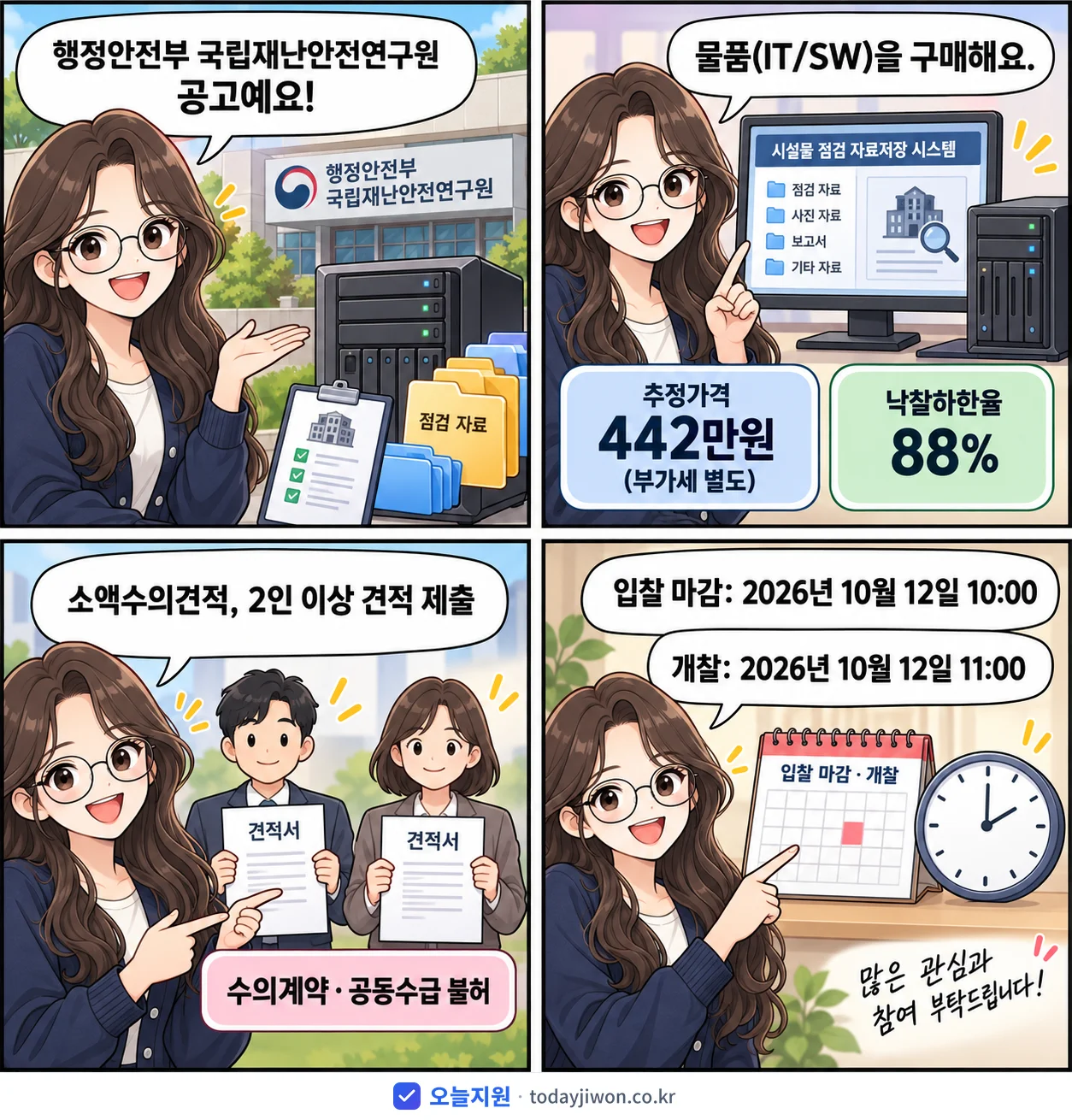 4컷 만화로 보는 공고: 행정안전부 국립재난안전연구원 '시설물 점검 자료저장 시스템 구매', 추정가격 442만원, 입찰 마감 10/12 10:00
