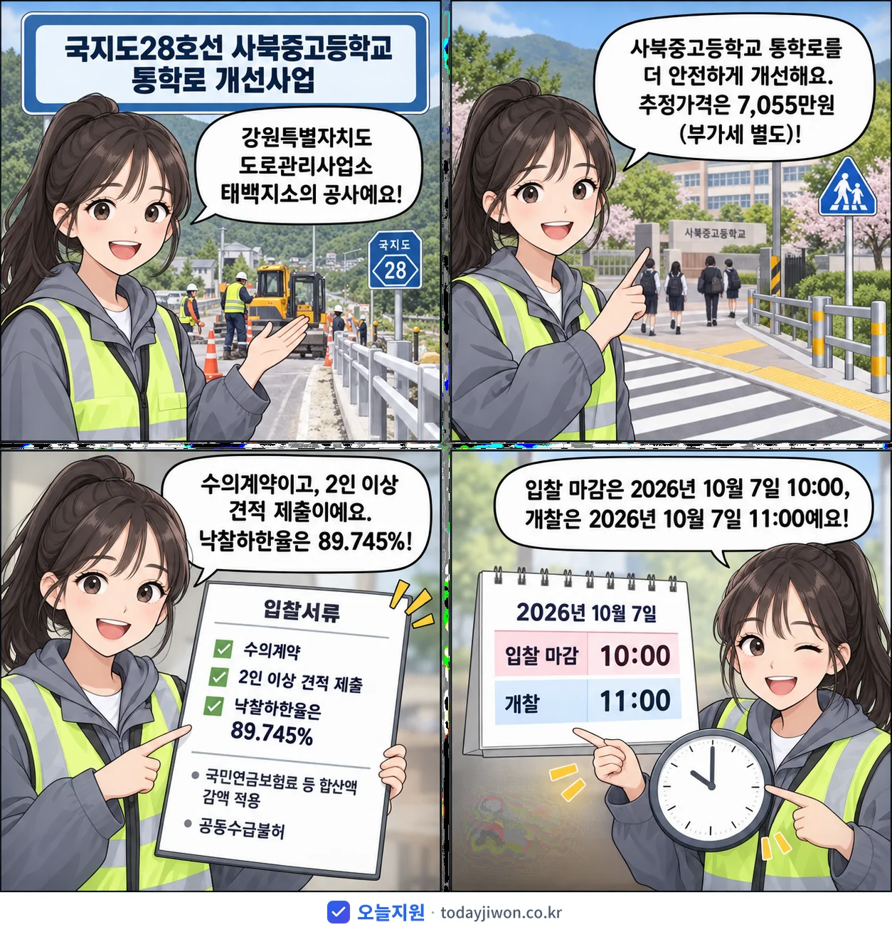 4컷 만화로 보는 공고: 강원특별자치도 도로관리사업소 태백지소 '국지도28호선 사북중고등학교 통학로 개선사업', 추정가격 7,055만원, 입찰 마감 10/7 10:00