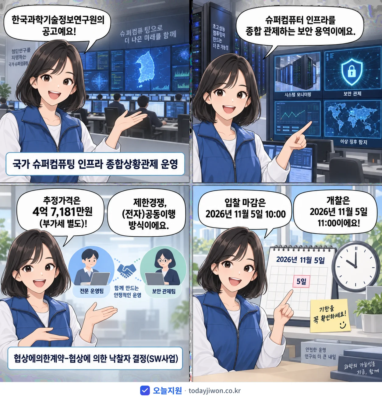 4컷 만화로 보는 공고: 한국과학기술정보연구원 '국가 슈퍼컴퓨팅 인프라 종합상황관제 운영', 추정가격 4억 7,181만원, 입찰 마감 11/5 10:00